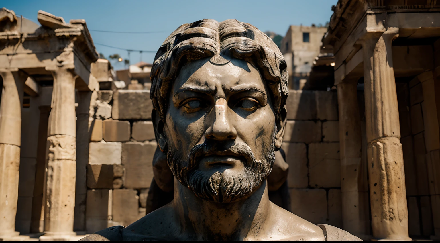 Ancient Stoic Statue With Very Angry Expression, tem barba, muitos detalhes em ambos os olhos, Outside, fundo atenas grego, open sky, com rosto extremamente detalhado full body view, Colors with low saturation with dark tone, Filmado em Sony A7S III com Sony FE 35mm f/1.8, 12.1 MP, --AR 3:2 --estilo cru