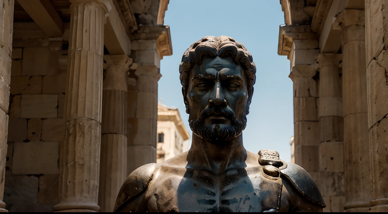 Ancient Stoic Statue With Very Angry Expression, tem barba, muitos detalhes em ambos os olhos, Outside, fundo atenas grego, open sky, com rosto extremamente detalhado full body view, Colors with low saturation with dark tone, Filmado em Sony A7S III com Sony FE 35mm f/1.8, 12.1 MP, --AR 3:2 --estilo cru