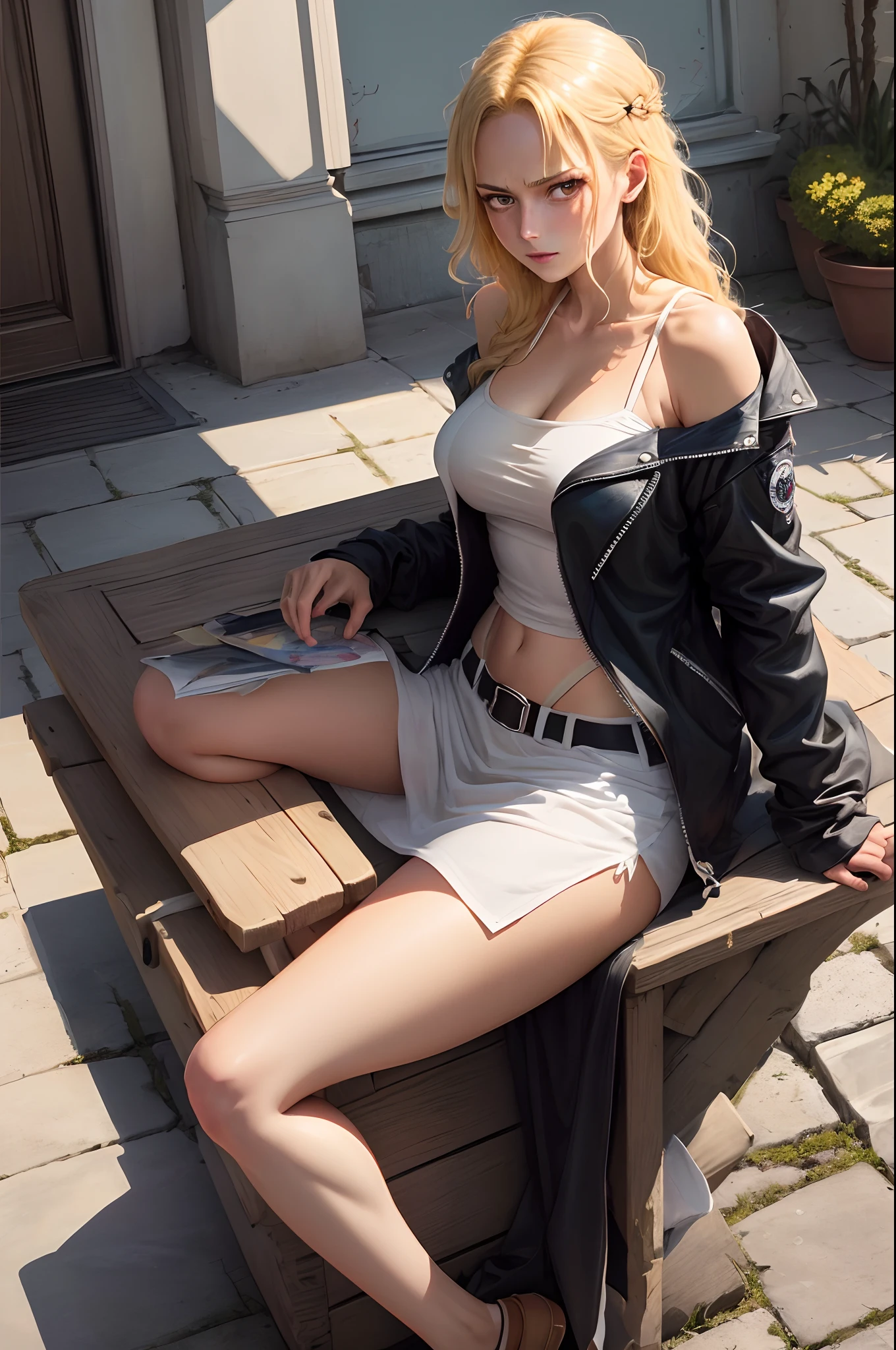 25-year-old Caucasian woman、platinum-blonde、blue eyess、Semi-long、Has twin tails、My hair is wavy、accessories on the wrist、wearing a choker、a smile、I can see the belly button、My abs are cracked、a smile、slim muscular body、I don&#39;t want my head to disappear from the screen.、I'm wearing a jacket、Wearing a halter keyhole neck shirt、She&#39;s wearing a low-rise blooming skirt.、I&#39;m wearing black thigh-high socks、I'm wearing pin heels、I&#39;m sitting on the steps on the street sidewalk、a smile