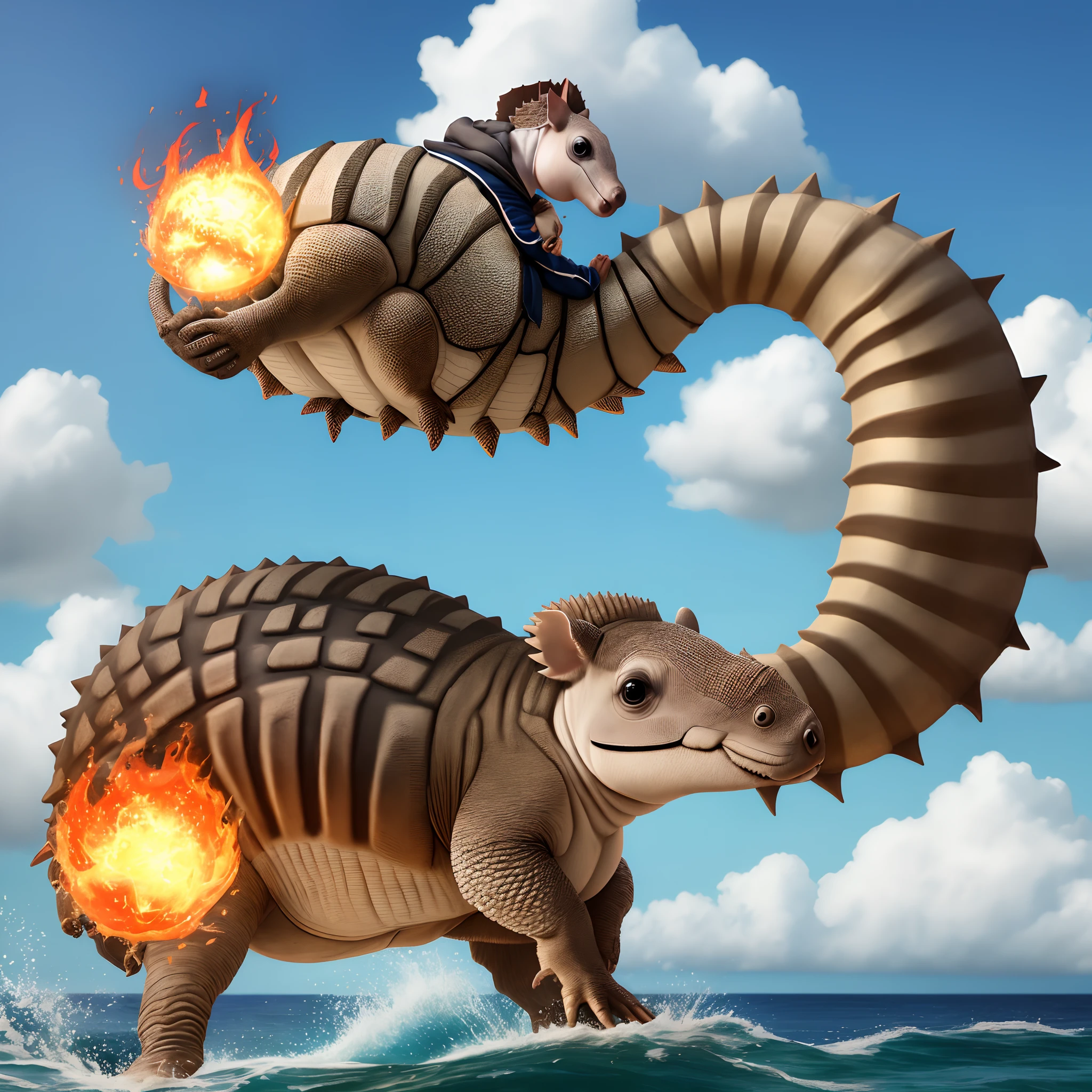 An armadillo with a flaming ball dunking on Shaq above the ocean