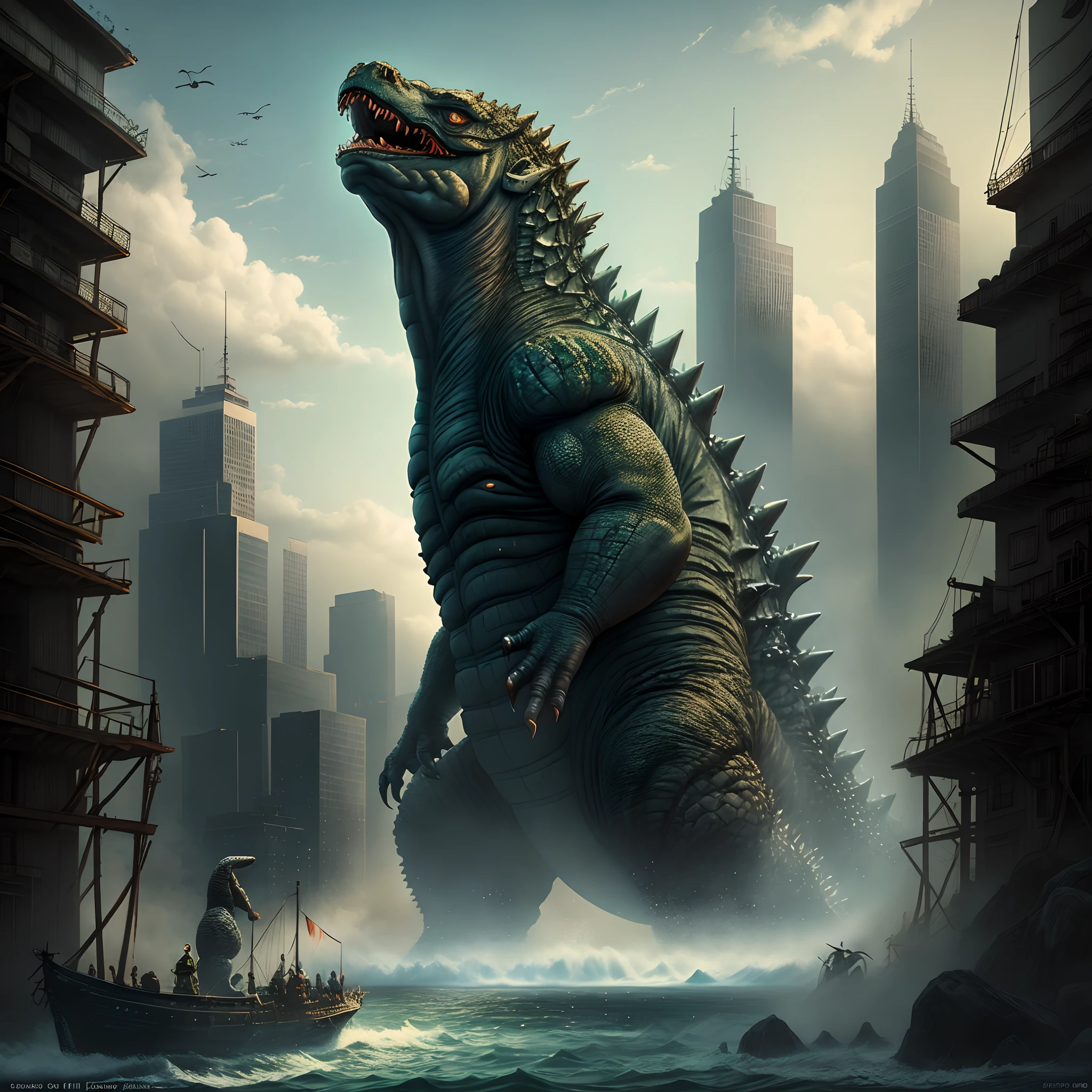 1girl, battle, blurry, bridge, building, city, cityscape, cloud, day, dragon, giant, glowing, godzilla, kaijuu, monster, no humans, open mouth, scenery, sharp teeth, ship, sky, skyscraper, teeth, tokyo \(city\), water, watercraft