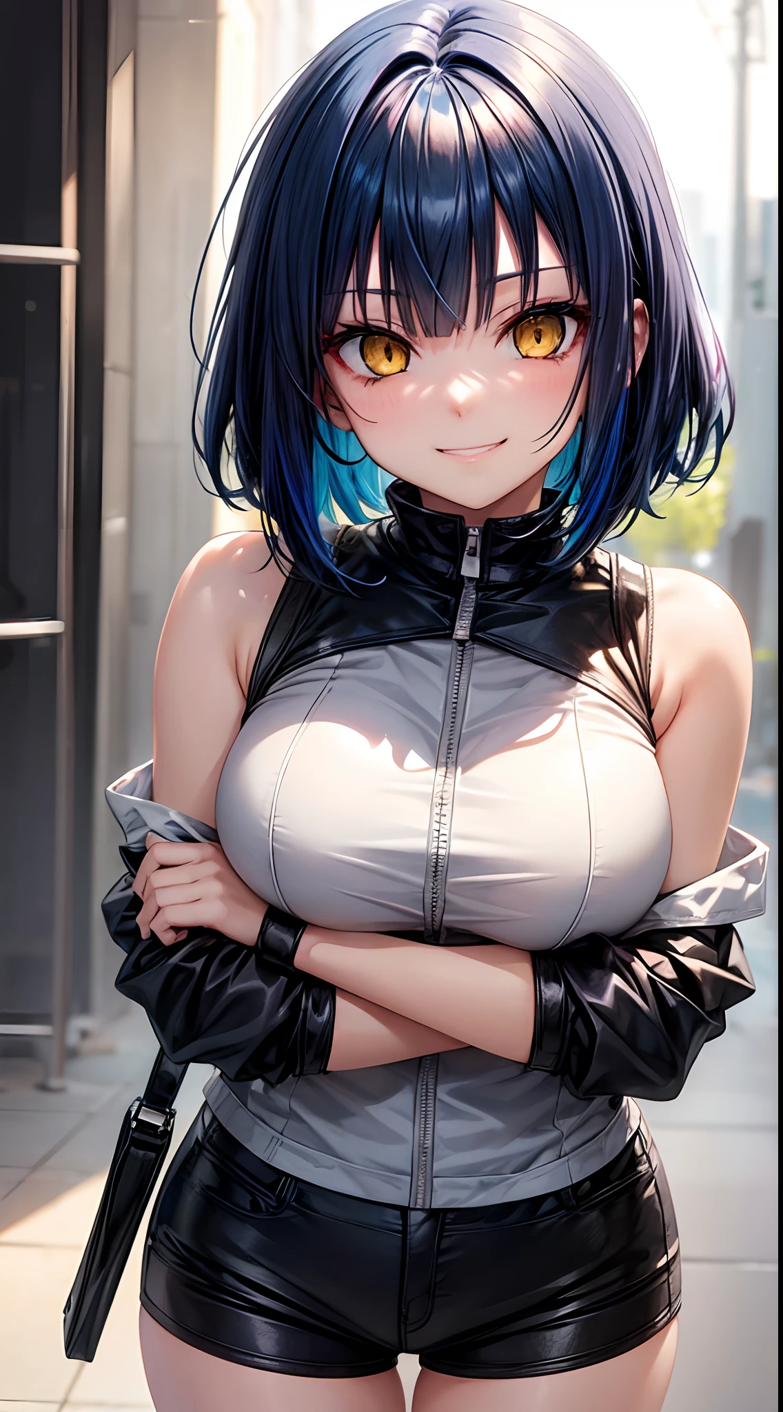 Anime girl bright yellow eyes And bright Blue hair hair cooler Bangs in front hair short wavy hair looking at viewer smug grin close up looking at viewer black clothing tank to looking at viewer Sleaves on arms Close up
