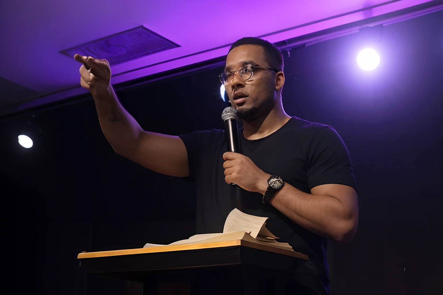 man, tall, dark, thin, wearing glasses, preaching in church on an altar with pulpit