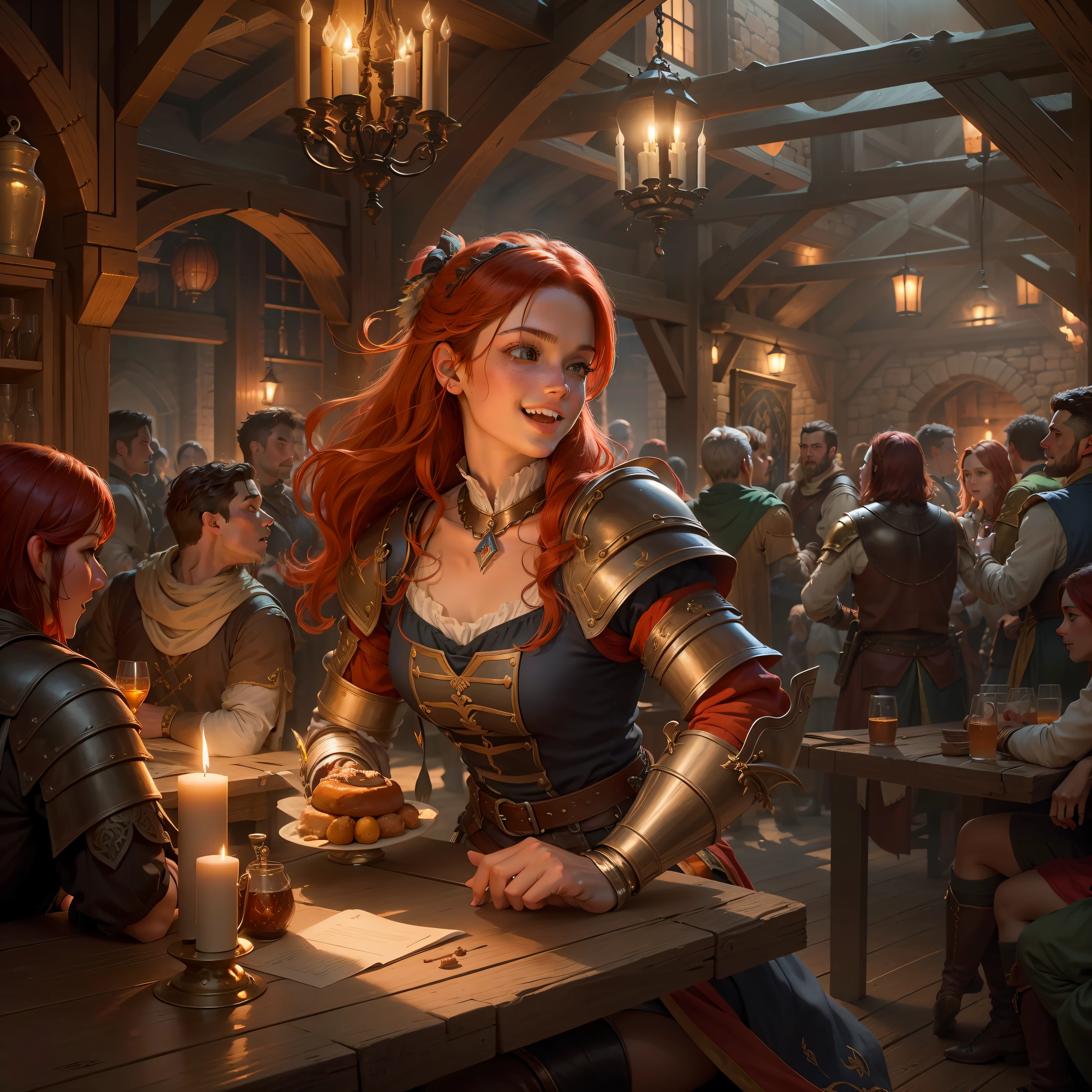 An ovem red-haired prince, 20 years old, blue eyes, red hair, straight, short, fair skinned, ((best quality)), is sitting at the table of the tavern, drinking a beer, with a red-haired vampire, 15 years old, ((best quality)), ((highly detailed)), Masterpiece, ((official-art)), cape, hood, (girl 1:33, solo), medieval clothing, in a tavern, perfect image, UHD, 8K