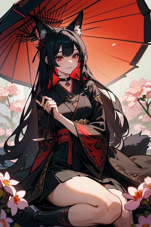 (extremely detailed CG unity 8k wallpaper), (((ultra-detailed))), ((extremely detailed)), (((best illustration))), best illumination, ((extremely delicate and beautiful)), ((an extremely delicate and beautiful girl)), colorful, re sakura trees, park, (((colorful flowers))), blood particles, ((1 girl, solo)), {{finely detailed beautiful eyes and detailed face}}, smile, long hair, (((black hair))), red eyes, beautiful detailed eyes, mature female, slender, medium breast, black red fox ears, (black red fox tail), (((intricate details))), (Black and red knee-length kimono dress), black knee thighs, medium height black boots with medium heel, ((black choker with red pendent)), lycoris flower birthmark on neck sitting, bishoujo, 19_years_old,