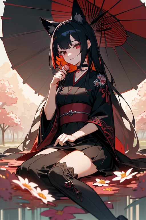 (extremely detailed CG unity 8k wallpaper), (((ultra-detailed))), ((extremely detailed)), (((best illustration))), best illumination, ((extremely delicate and beautiful)), ((an extremely delicate and beautiful girl)), colorful, re sakura trees, park, (((colorful flowers))), blood particles, ((1 girl, solo)), {{finely detailed beautiful eyes and detailed face}}, smile, long hair, (((black hair))), red eyes, beautiful detailed eyes, mature female, slender, medium breast, black red fox ears, (black red fox tail), (((intricate details))), (Black and red knee-length kimono dress), black knee thighs, medium height black boots with medium heel, ((black choker with red pendent)), lycoris flower birthmark on neck sitting, bishoujo, 19_years_old,