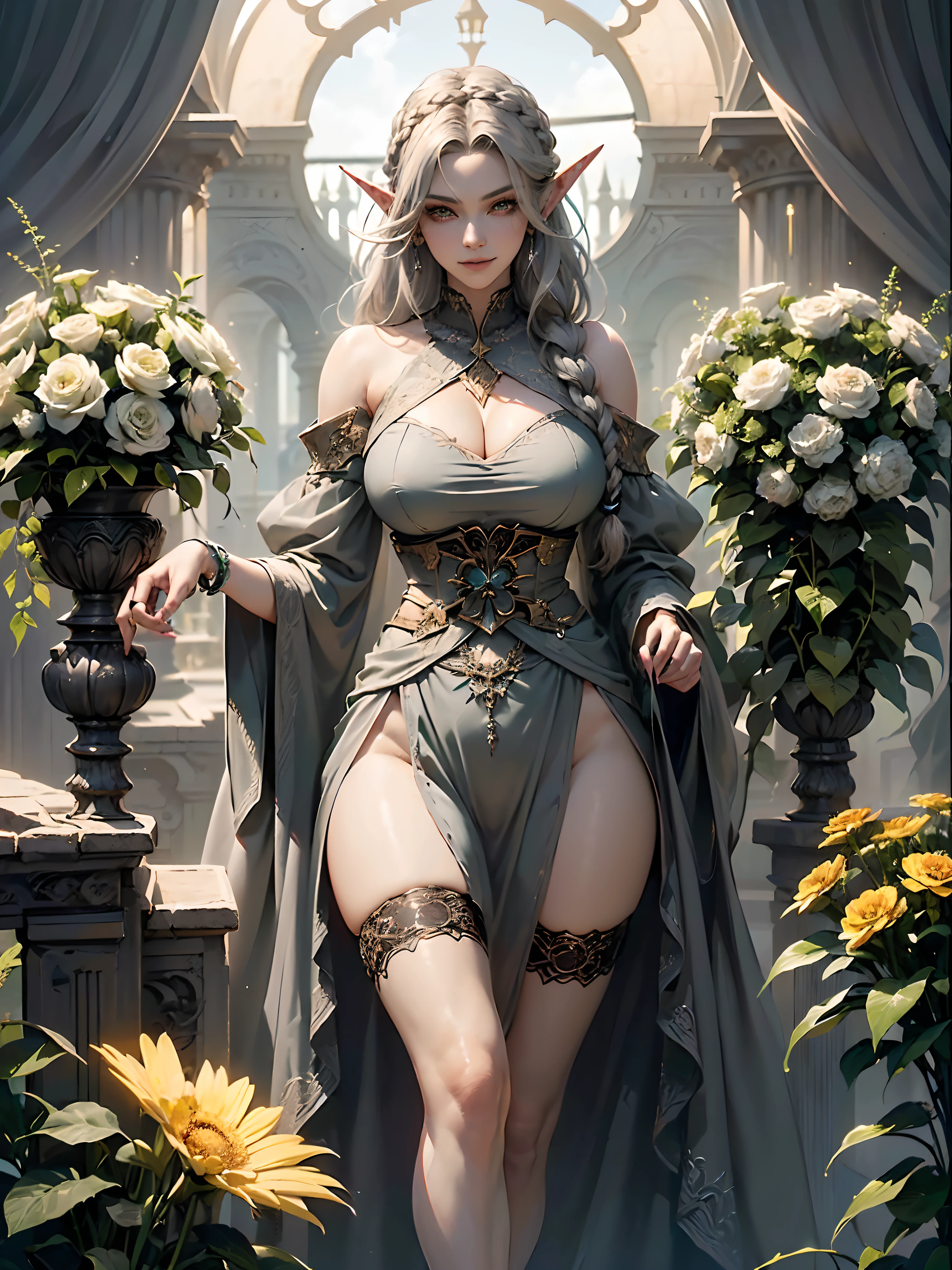 1girl, (((cowboy shot of a beautiful female dark elf in green flower-gown))), (dark-grey skinned:1.5), elf ear, evil stare and cynical smile, (silver haired, french-braid hair : 1.55), ((wide waist and huge buttocks, thigh gap)), masterpiece, best quality, 8k