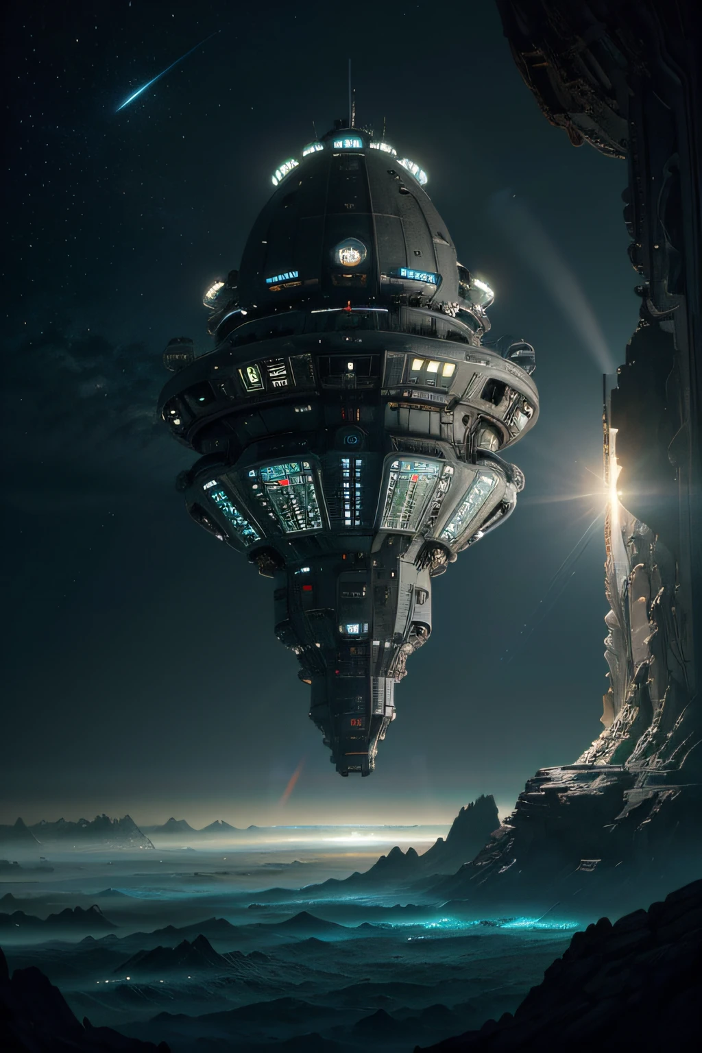 Hyper-realistic Digital Painting
Subject: A futuristic spaceship hovering above a vibrant, alien planet.
Colors: Dark gray and silver for the spaceship; exotic, otherworldly colors for the alien planet.
Pose: Spaceship hovers with soft, glowing thrusters.
Viewing Angle: View from below, looking up at the spaceship.
Background: Alien landscape with unique rock formations, glowing flora, and a surreal sky.
Environment: Alien planet with a surreal and vibrant landscape.
Lighting: Soft, diffused light highlighting spaceship details and the alien environment.
Style Traits: Hyper-realism with sci-fi and fantasy elements.
Influences: Inspired by science fiction artists like John Berkey and H.R. Giger.
Technique: Meticulous digital painting emphasizing spaceship and alien world contrast.