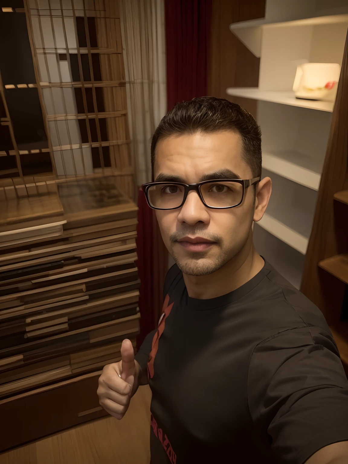 There's a man in a red shirt and glasses giving a thumbs up, caio santos, Fotografia selfie 8k, Foto realista, david rios ferreira, andres rios, edu souza, mateus 9 5, icaro carvalho, Carmelo Blandino, 4 k post, Postagem 4k, (38 anos), Homem de 4 0 anos