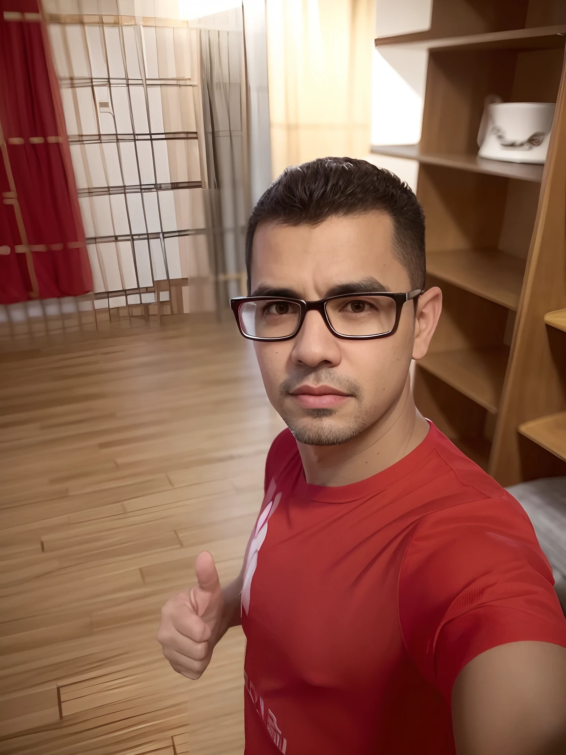 There's a man in a red shirt and glasses giving a thumbs up, caio santos, Fotografia selfie 8k, Foto realista, david rios ferreira, andres rios, edu souza, mateus 9 5, icaro carvalho, Carmelo Blandino, 4 k post, Postagem 4k, (38 anos), Homem de 4 0 anos