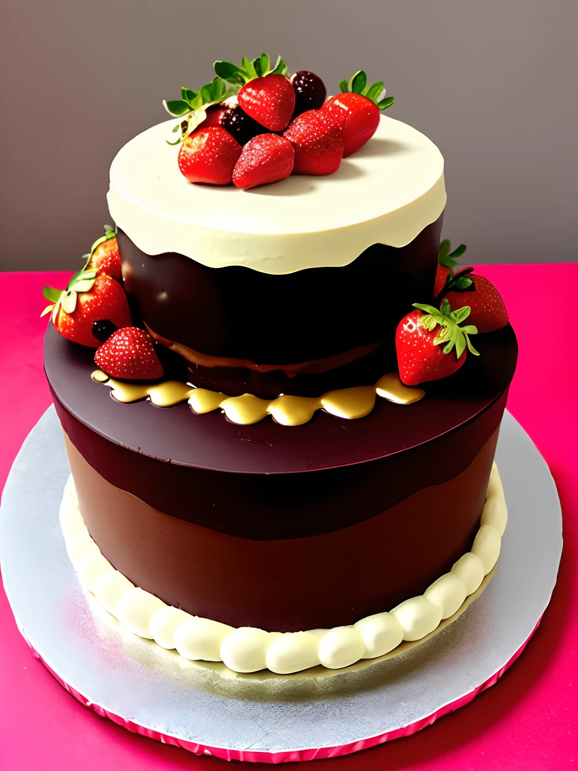 Entremet de chocolate com morango, with the base made pate sucrée, Cake & Mousse Layers & Glitter Frosting with Strawberries & Gold Decoration