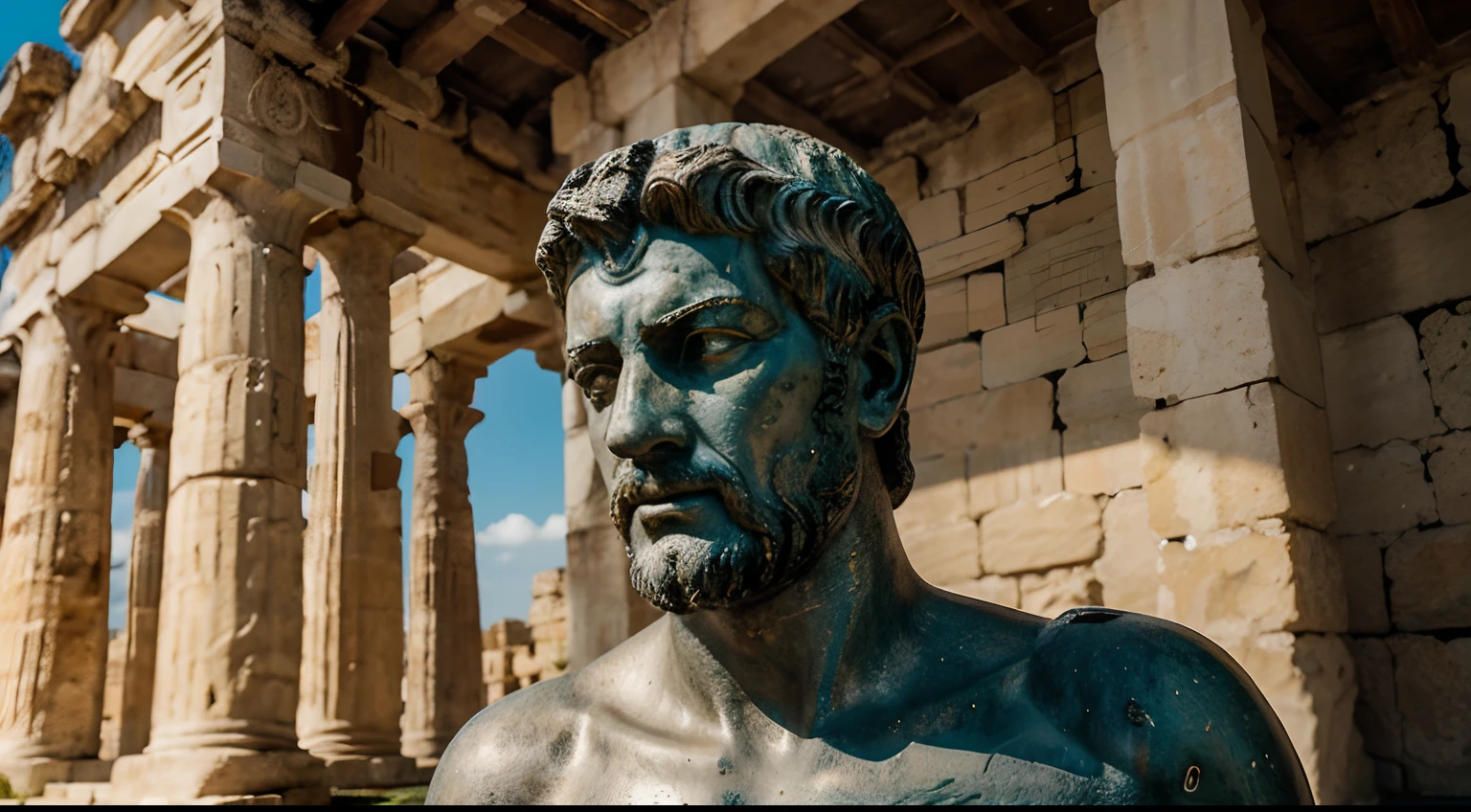Ancient Stoic Statue With Very Angry Expression, tem barba, muitos detalhes em ambos os olhos, Outside, fundo atenas grego, open sky, com rosto extremamente detalhado full body view, Colors with low saturation with dark tone, Filmado em Sony A7S III com Sony FE 35mm f/1.8, 12.1 MP, --AR 3:2 --estilo cru