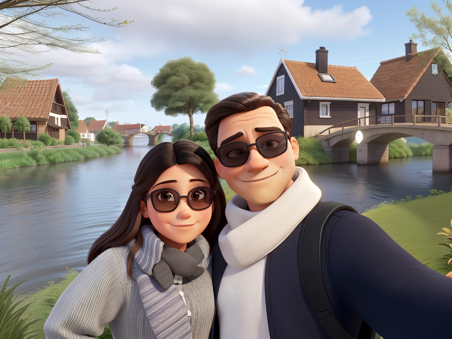 Um casa, both wearing sunglasses. A mulher, com cabelo preto e leve tons loiros, wearing an outfit with a large collar around the neck. The man wearing sunglasses, Light scarf over the neck, camisa manha longa preta e colete preto por cima. In the background, a Dutch-style setting, With the presence of a river behind, moinho ao fundo. Dutch-style houses and a portage over the river.