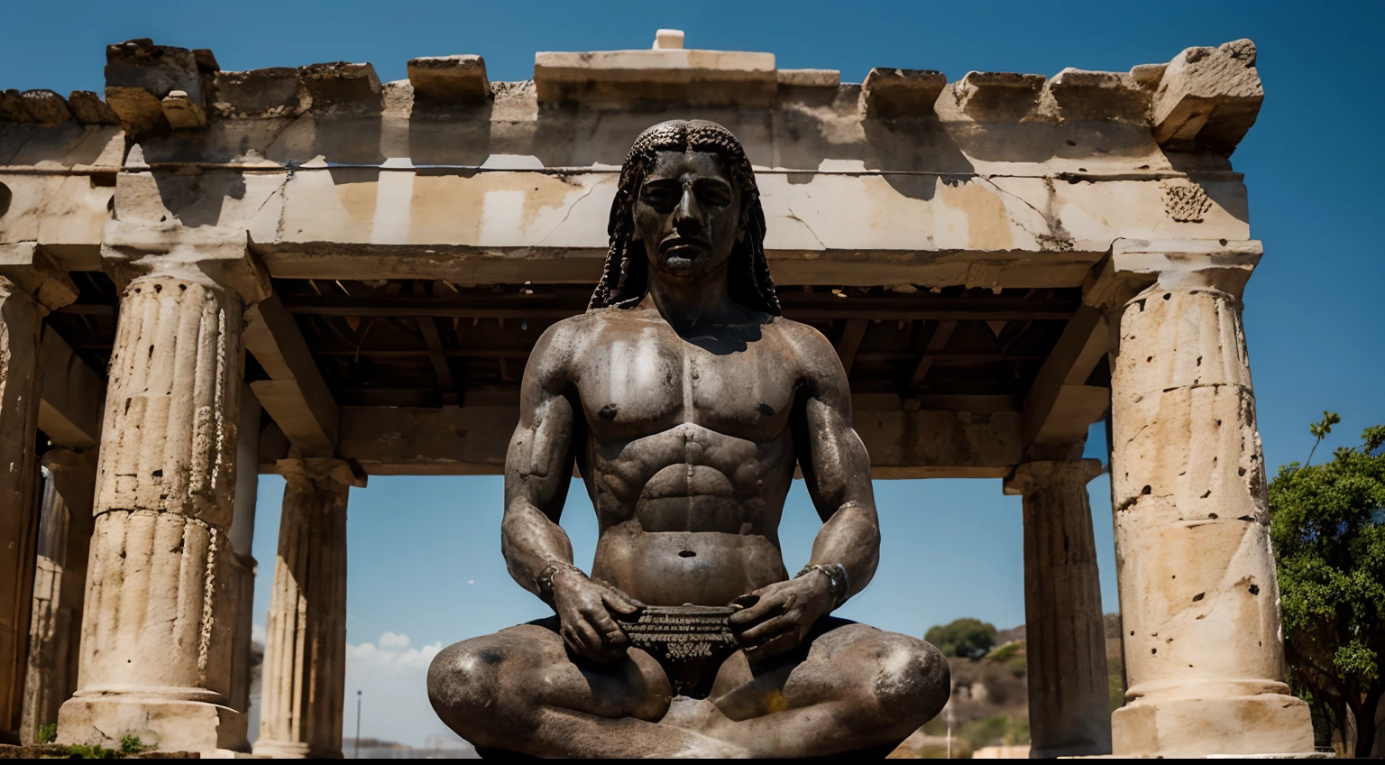 Ancient Stoic Statue With Very Angry Expression, tem barba, muitos detalhes em ambos os olhos, Outside, fundo atenas grego, open sky, com rosto extremamente detalhado full body view, Colors with low saturation with dark tone, Filmado em Sony A7S III com Sony FE 35mm f/1.8, 12.1 MP, --AR 3:2 --estilo cru