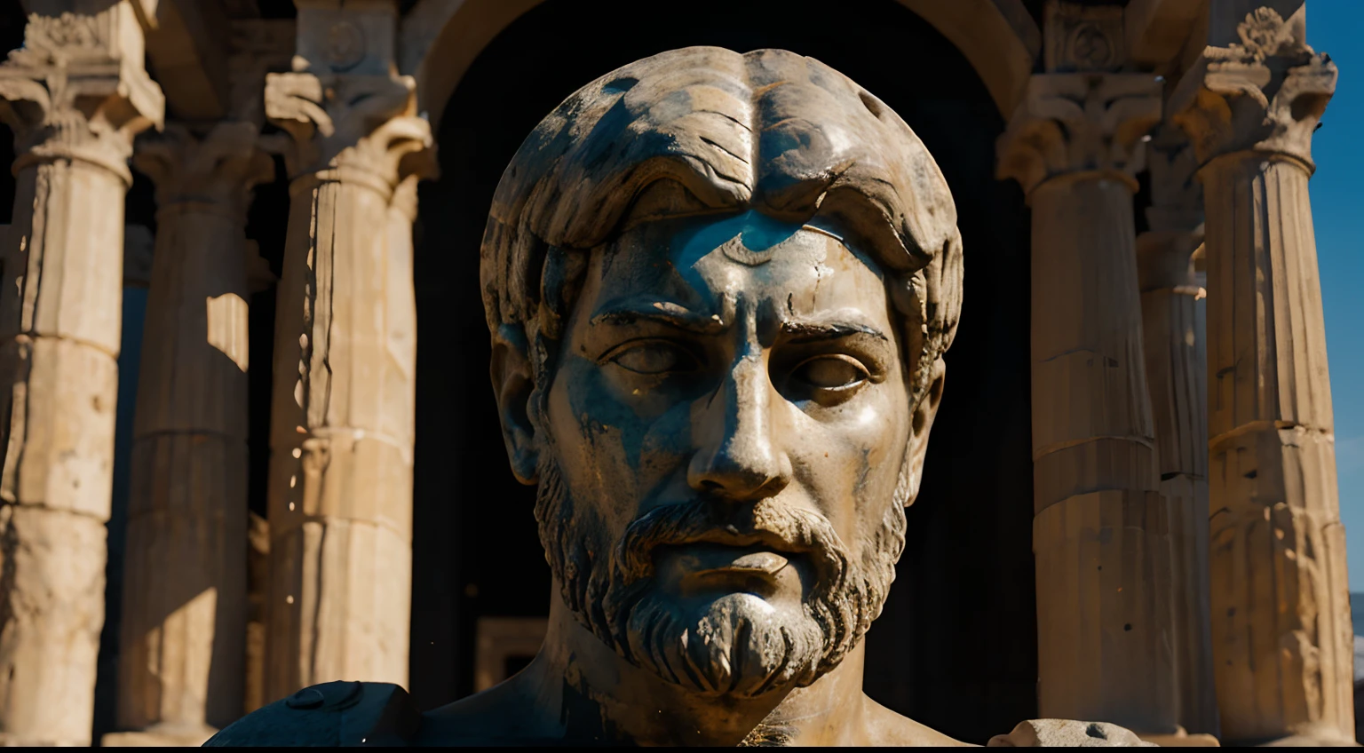 Ancient Stoic Statue With Very Angry Expression, tem barba, muitos detalhes em ambos os olhos, Outside, fundo atenas grego, open sky, com rosto extremamente detalhado full body view, Colors with low saturation with dark tone, Filmado em Sony A7S III com Sony FE 35mm f/1.8, 12.1 MP, --AR 3:2 --estilo cru