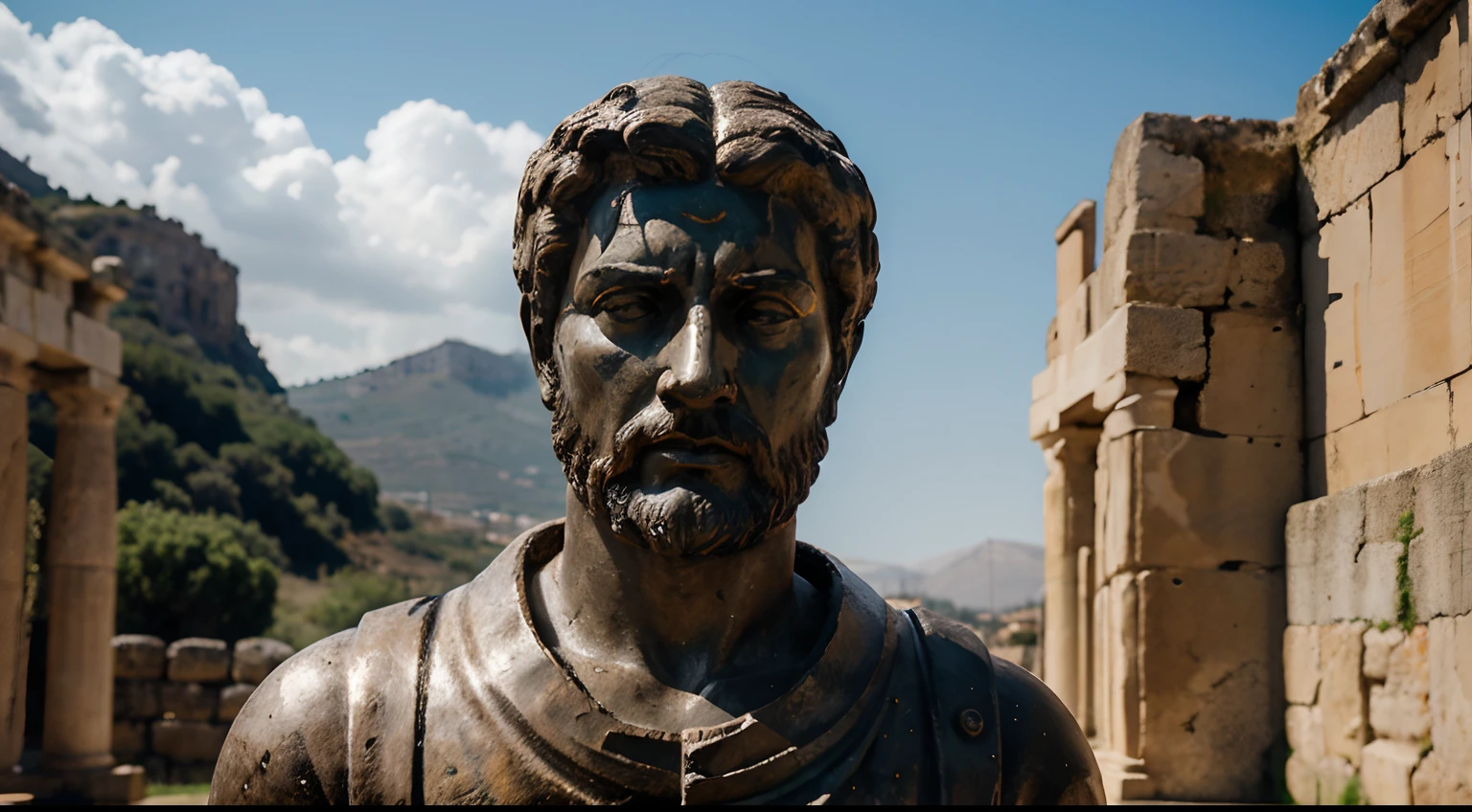 Ancient Stoic Statue With Very Angry Expression, tem barba, muitos detalhes em ambos os olhos, Outside, fundo atenas grego, open sky, com rosto extremamente detalhado full body view, Colors with low saturation with dark tone, Filmado em Sony A7S III com Sony FE 35mm f/1.8, 12.1 MP, --AR 3:2 --estilo cru
