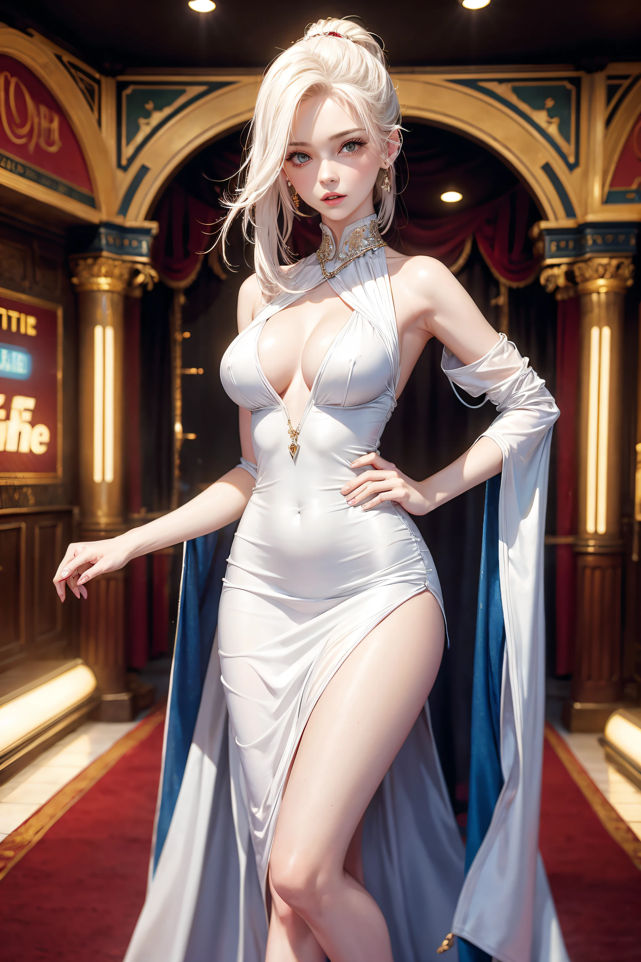 very hot sexy white girl, half naked breast expose, Metallic dress Movie theater, vibrant