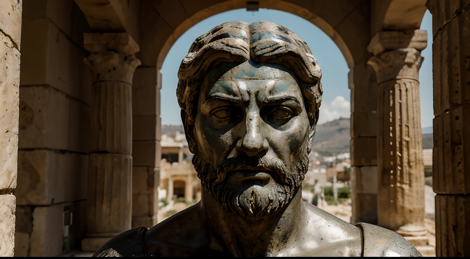 Ancient Stoic Statue With Very Angry Expression, tem barba, muitos detalhes em ambos os olhos, Outside, fundo atenas grego, open sky, com rosto extremamente detalhado full body view, Colors with low saturation with dark tone, Filmado em Sony A7S III com Sony FE 35mm f/1.8, 12.1 MP, --AR 3:2 --estilo cru