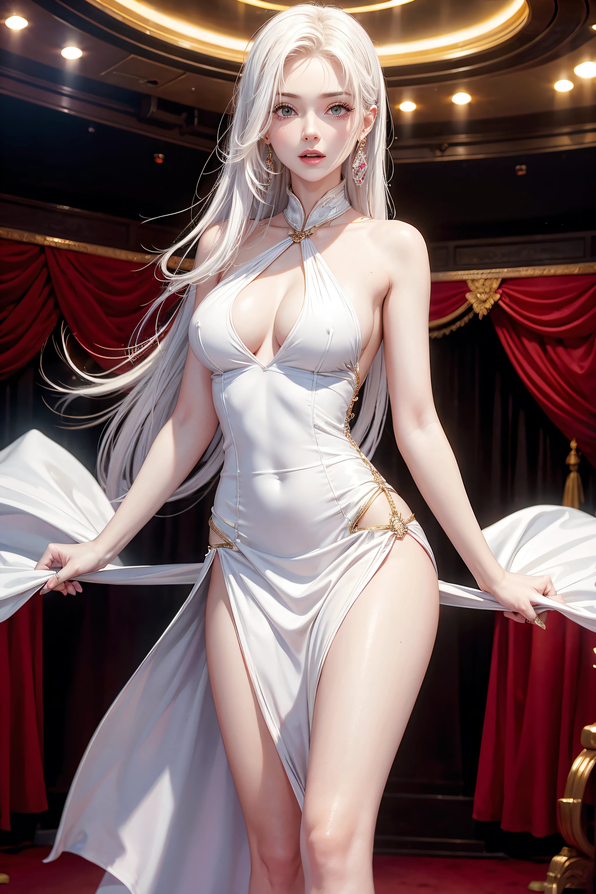 very hot sexy white girl, half naked breast expose, Metallic dress Movie theater, vibrant