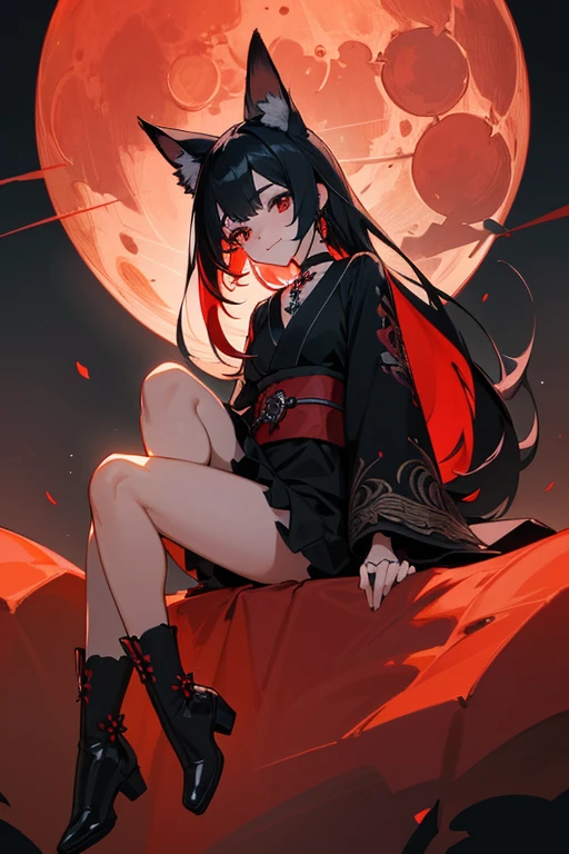 (extremely detailed CG unity 8k wallpaper), (((ultra-detailed))), ((extremely detailed)), (((best illustration))), best illumination, ((extremely delicate and beautiful)), ((an extremely delicate and beautiful girl)), colorful, modern city, (((red moon))), blood particles, ((1 girl, solo)), {{finely detailed beautiful eyes and detailed face}}, smile, long hair, (((black hair))), red eyes, beautiful detailed eyes, mature female, slender, medium breast, black red fox ears, (black red fox tail), (((intricate details))), (Black and red knee-length kimono dress), black knee thighs, medium height black boots with medium heel, ((black choker with red pendent)), lycoris flower birthmark on neck sitting, bishoujo, 19_years_old,