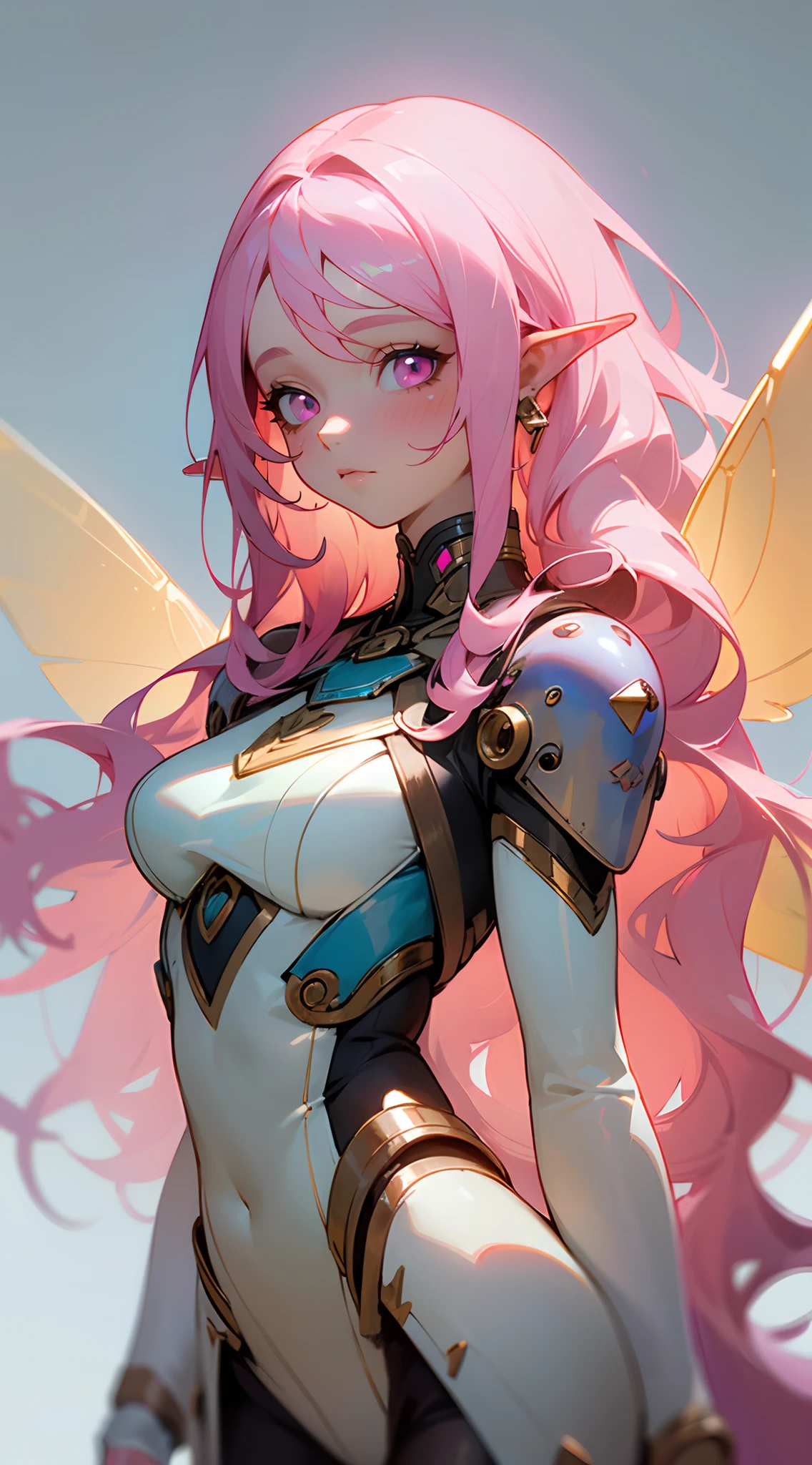 Beautiful woman , very long hair , wavy hair , pink eyes , pink hair , pale skin , elf ears , ((has fairy wings:1 )), age 23 ,
in the style of cyberpunk futurism, african influence, etam cru, light blue and gold, michael creese, steelpunk, michael hussar, white background
(masterpiece, best quality:1.3),beautiful detailed glow,best illuminate,(((best quality,textile shading,ultra detailed))),extremely detailed CG unity 8k wallpaper,Highly Detailed beautiful and aesthetic,best light,high resolution,detailed,dynamic lighting , 1Character , pastel washed out colors , cell shade , soft, muted shades ,gentle colors ,