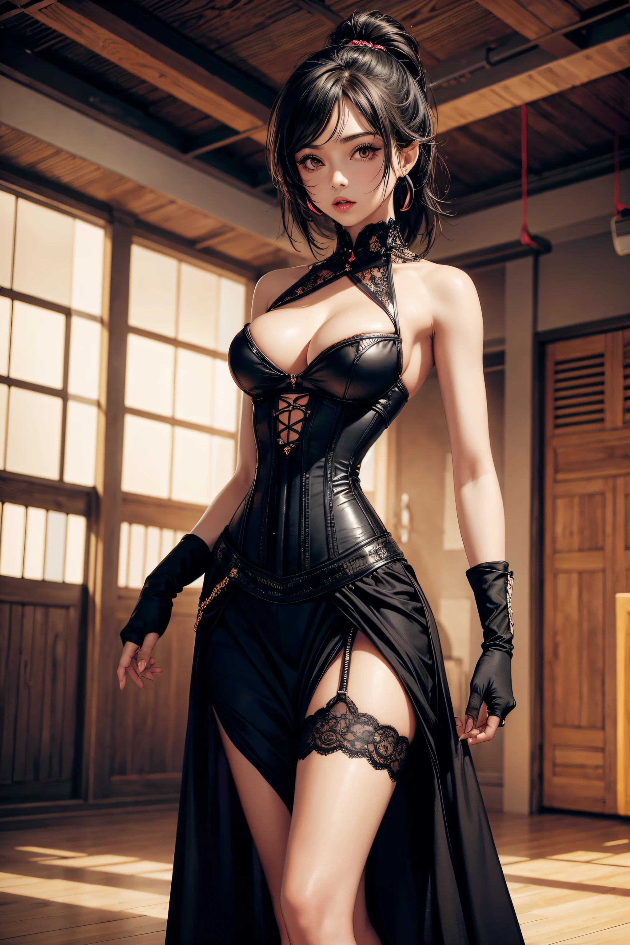 very hot sexy black girl, half naked breast expose, Corset dress Indoor sports facility, vibrant