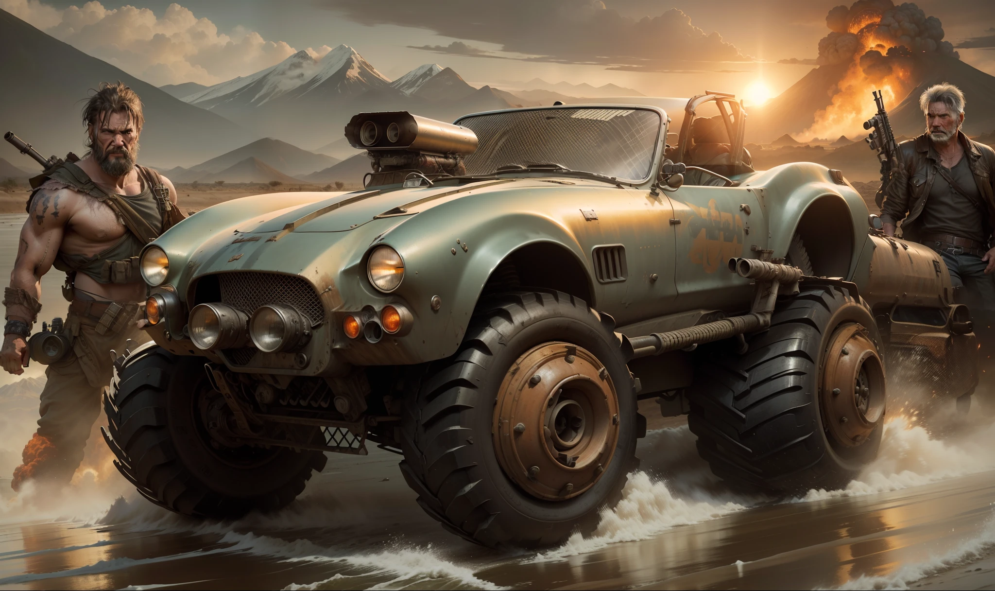 Show this grunge and worn-out car powerful and armed with machine guns and missiles crossing a fast-flowing river. Foto realista, Behind Two Armed Warrior Men, one of them being Harrison Ford in Mad Max style and in the background mountains with a very large volcano with flames and erupting lavas and a big sun shining in the desert sky