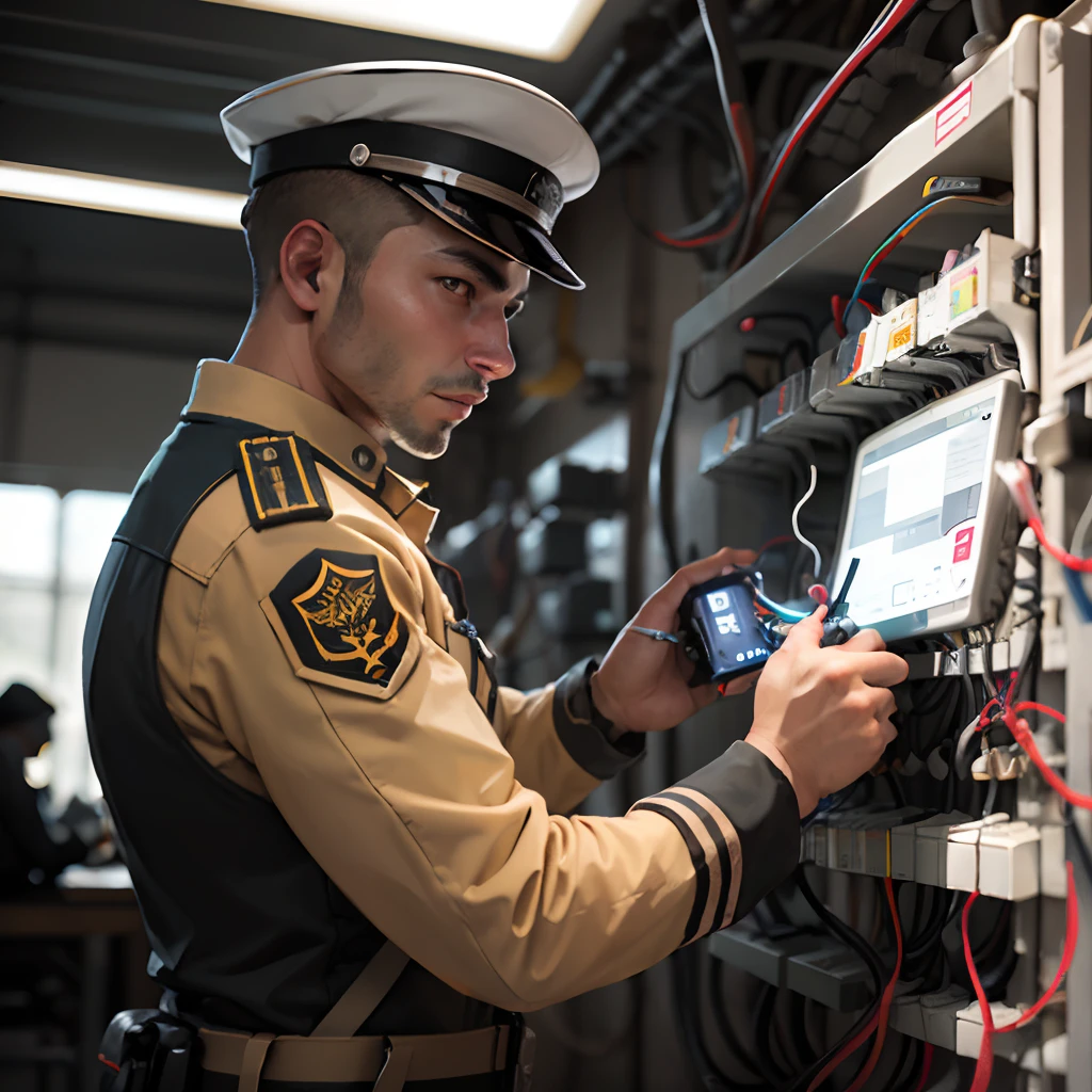 electrician man, with testpen, wiring distribution board, name on uniform "zafri"