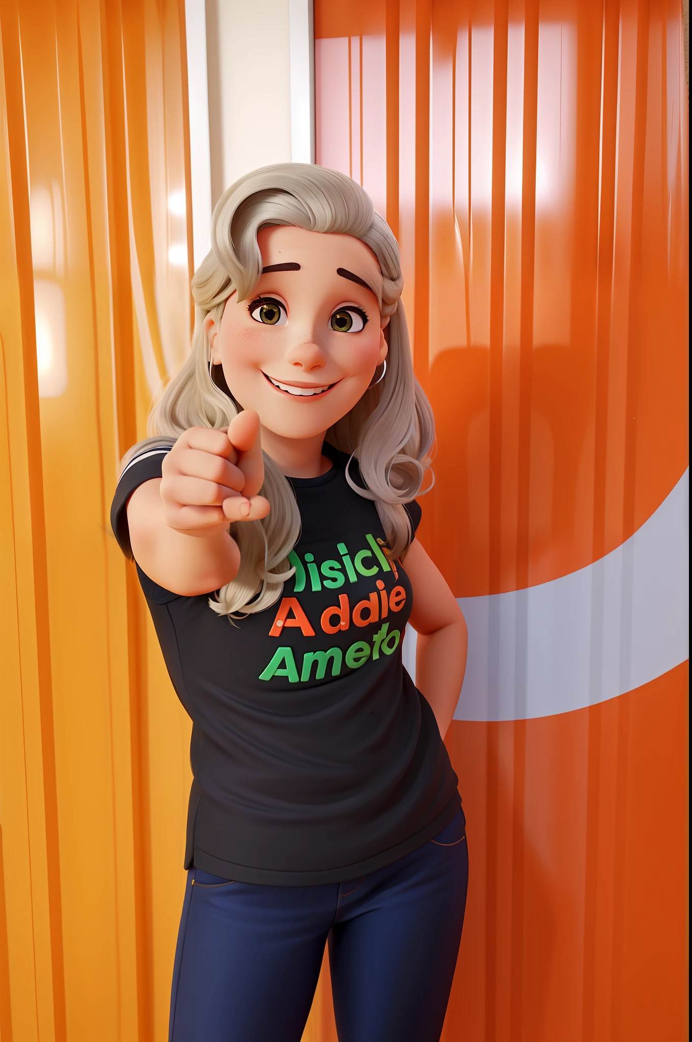 Mulher loira, com o cabelo jogado para o lado esquerdo, aprontando o dedo para a foto e sorrindo
