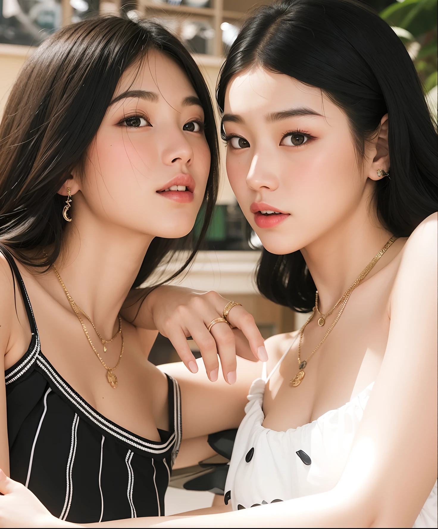 Two women are posing for a photo in a black and white dress, dois modelos no quadro, Gongbi, inspirado em Wang Duo, Choi, com hera, gemma chen, TaeJune Kim, com preto, asian features, sisters, Lulu Chen, maquiagem sul-coreana popular, duas vezes, maquiagem coreana popular, Modelo de moda feminina coreana, Ulzzang