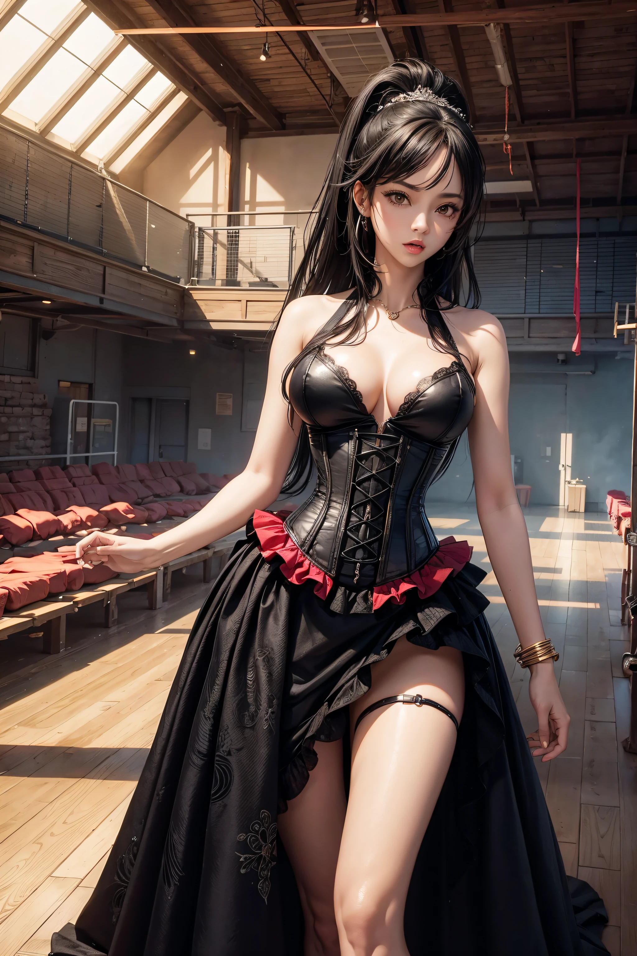 very hot sexy black girl, half naked breast expose, Corset dress Indoor sports facility, vibrant
