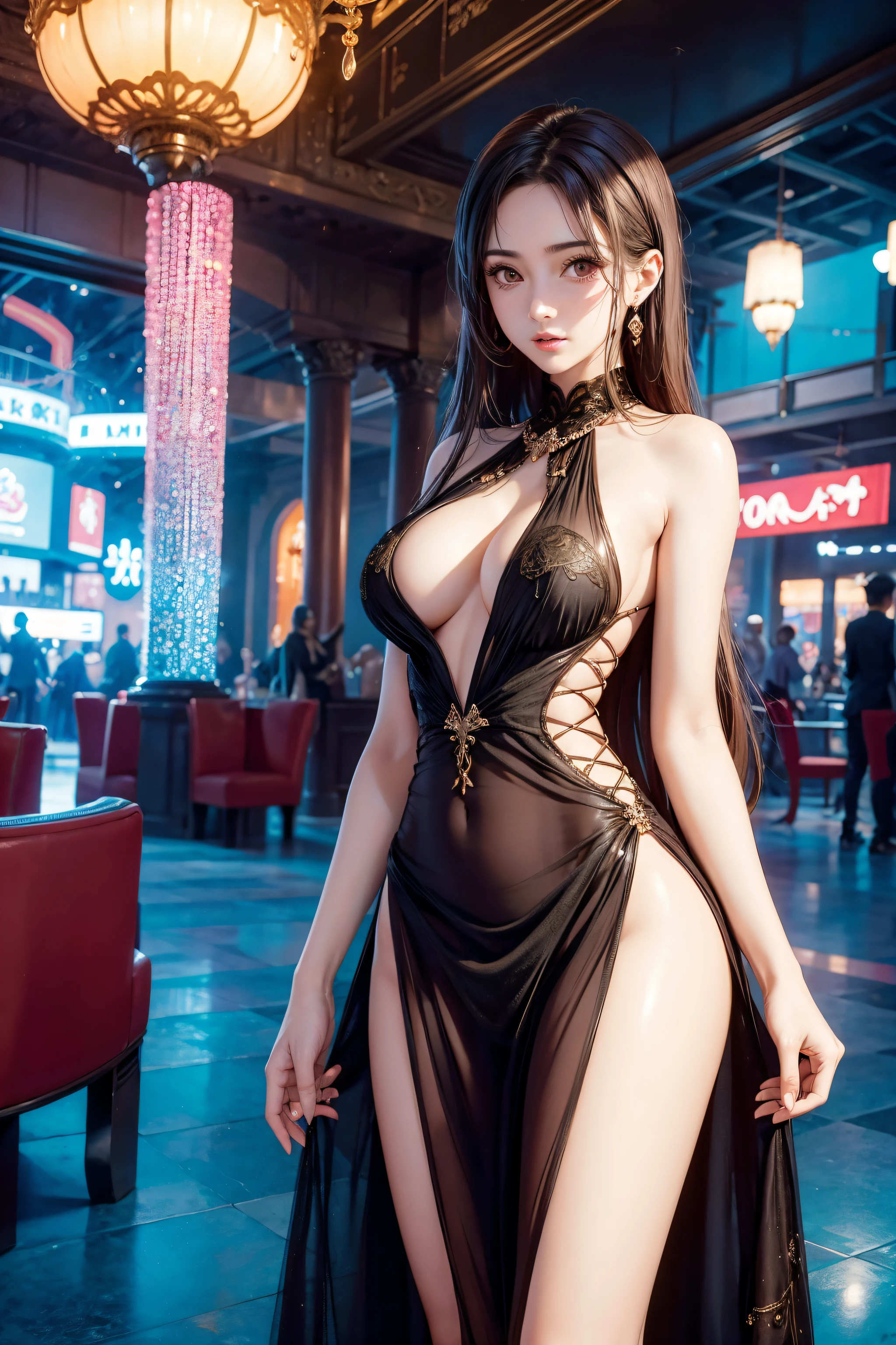 very hot sexy middle east girl, half naked breast expose, See-through dress Indoor amusement park, vibrant