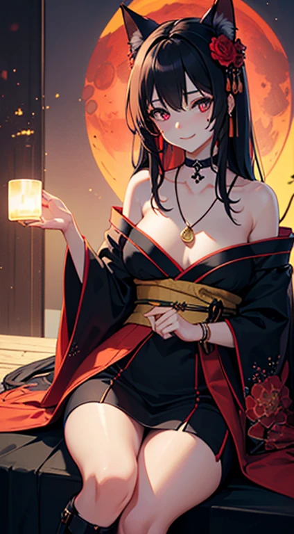 girl sitting naked in a circle of candles, black hair, red eyes, devious smile, nsfw