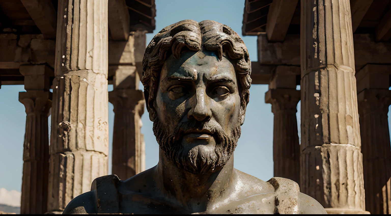 Ancient Stoic Statue With Very Angry Expression, tem barba, muitos detalhes em ambos os olhos, Outside, fundo atenas grego, open sky, com rosto extremamente detalhado full body view, Colors with low saturation with dark tone, Filmado em Sony A7S III com Sony FE 35mm f/1.8, 12.1 MP, --AR 3:2 --estilo cru