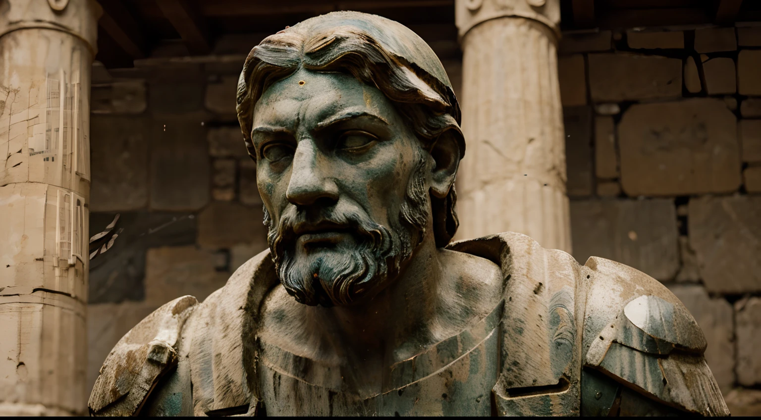 Ancient Stoic Statue With Very Angry Expression, tem barba, muitos detalhes em ambos os olhos, Outside, fundo atenas grego, open sky, com rosto extremamente detalhado full body view, Colors with low saturation with dark tone, Filmado em Sony A7S III com Sony FE 35mm f/1.8, 12.1 MP, --AR 3:2 --estilo cru