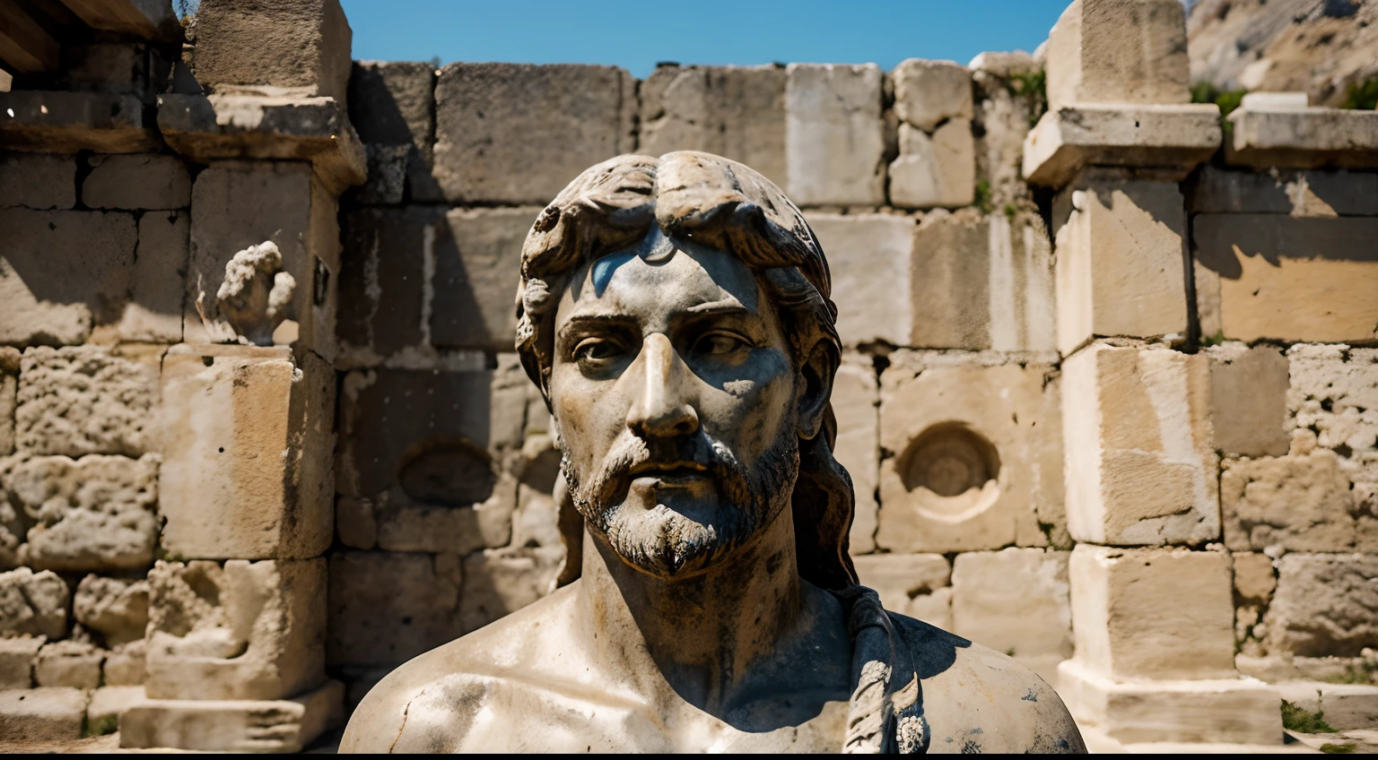 Ancient Stoic Statue With Very Angry Expression, tem barba, muitos detalhes em ambos os olhos, Outside, fundo atenas grego, open sky, com rosto extremamente detalhado full body view, Colors with low saturation with dark tone, Filmado em Sony A7S III com Sony FE 35mm f/1.8, 12.1 MP, --AR 3:2 --estilo cru