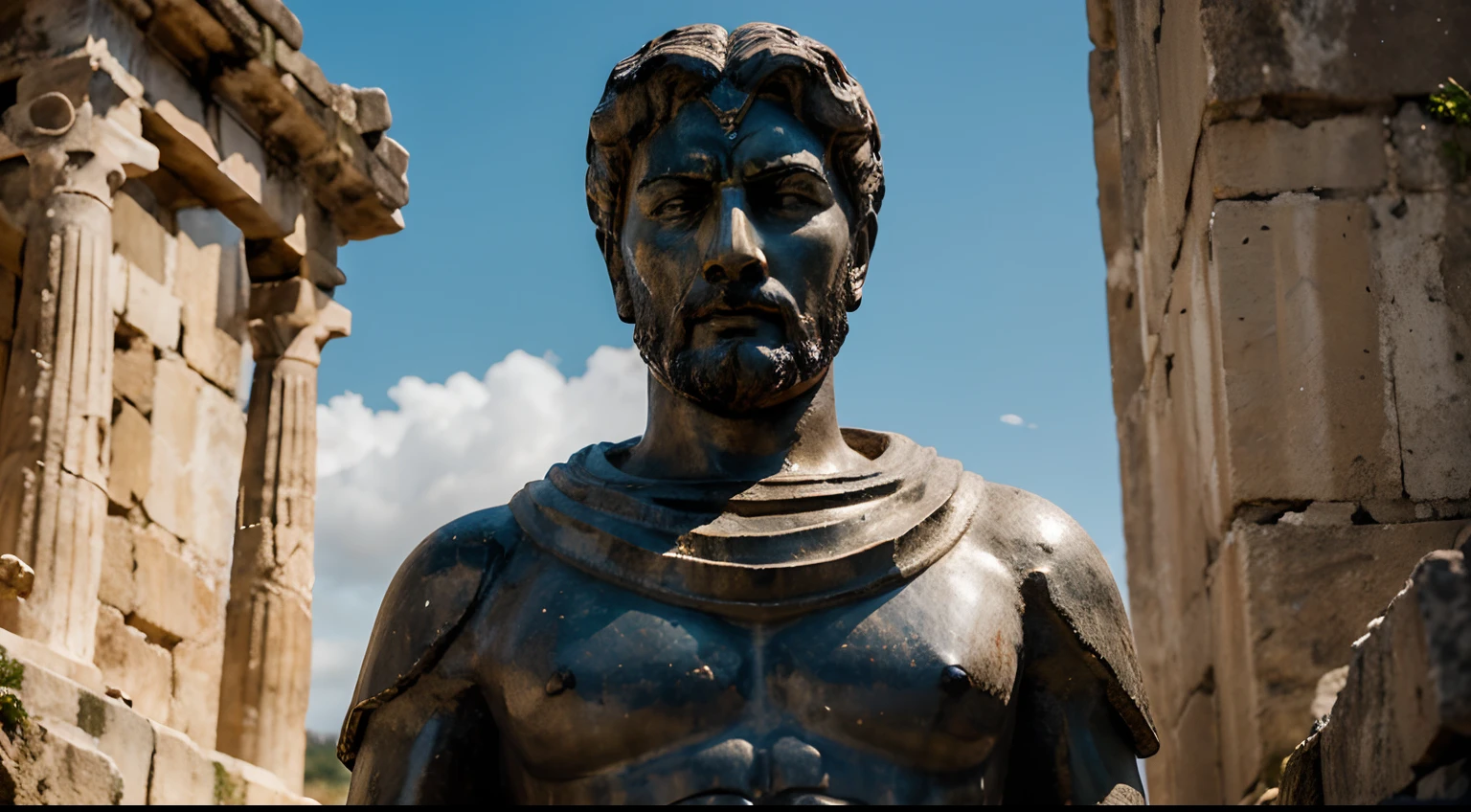 Ancient Stoic Statue With Very Angry Expression, tem barba, muitos detalhes em ambos os olhos, Outside, fundo atenas grego, open sky, com rosto extremamente detalhado full body view, Colors with low saturation with dark tone, Filmado em Sony A7S III com Sony FE 35mm f/1.8, 12.1 MP, --AR 3:2 --estilo cru