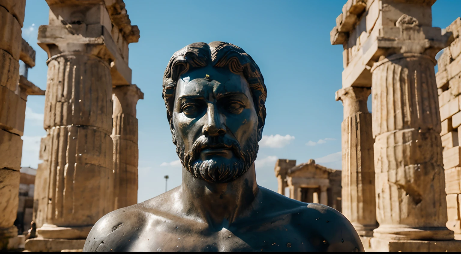 Ancient Stoic Statue With Very Angry Expression, tem barba, muitos detalhes em ambos os olhos, Outside, fundo atenas grego, open sky, com rosto extremamente detalhado full body view, Colors with low saturation with dark tone, Filmado em Sony A7S III com Sony FE 35mm f/1.8, 12.1 MP, --AR 3:2 --estilo cru
