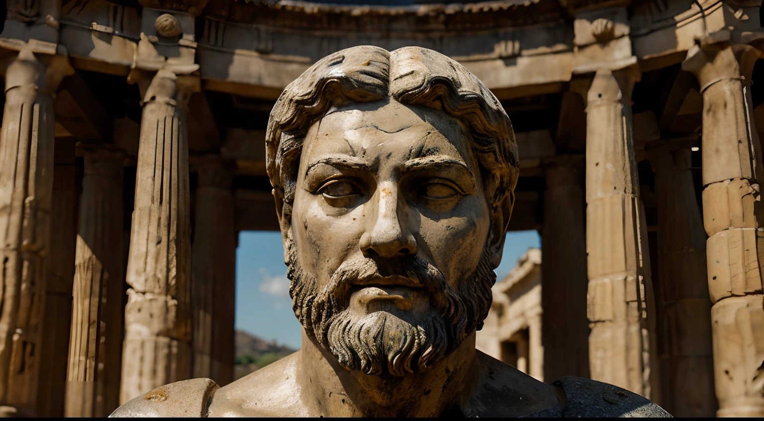 Ancient Stoic Statue With Very Angry Expression, tem barba, muitos detalhes em ambos os olhos, Outside, fundo atenas grego, open sky, com rosto extremamente detalhado full body view, Colors with low saturation with dark tone, Filmado em Sony A7S III com Sony FE 35mm f/1.8, 12.1 MP, --AR 3:2 --estilo cru