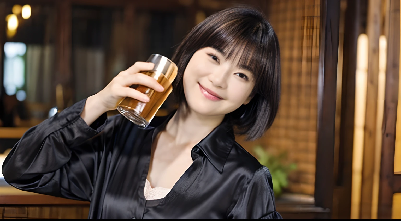 88
(a 20 yo woman,is standing), (A hyper-realistic), (masutepiece), ((short-hair:1.46)), (Smooth black hair), (Breast:1.0), (kindly smile), wear long pants, (Wearing a long-sleeved shirt), (Beautiful skin:1.5), (Drinking beer)