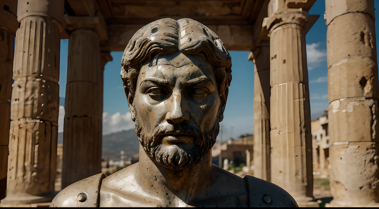 Ancient Stoic Statue With Very Angry Expression, tem barba, muitos detalhes em ambos os olhos, Outside, fundo atenas grego, open sky, com rosto extremamente detalhado full body view, Colors with low saturation with dark tone, Filmado em Sony A7S III com Sony FE 35mm f/1.8, 12.1 MP, --AR 3:2 --estilo cru