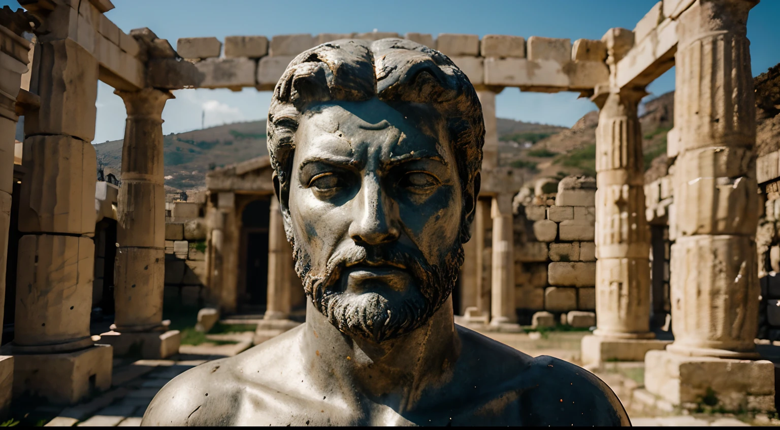 Ancient Stoic Statue With Very Angry Expression, tem barba, muitos detalhes em ambos os olhos, Outside, fundo atenas grego, open sky, com rosto extremamente detalhado full body view, Colors with low saturation with dark tone, Filmado em Sony A7S III com Sony FE 35mm f/1.8, 12.1 MP, --AR 3:2 --estilo cru