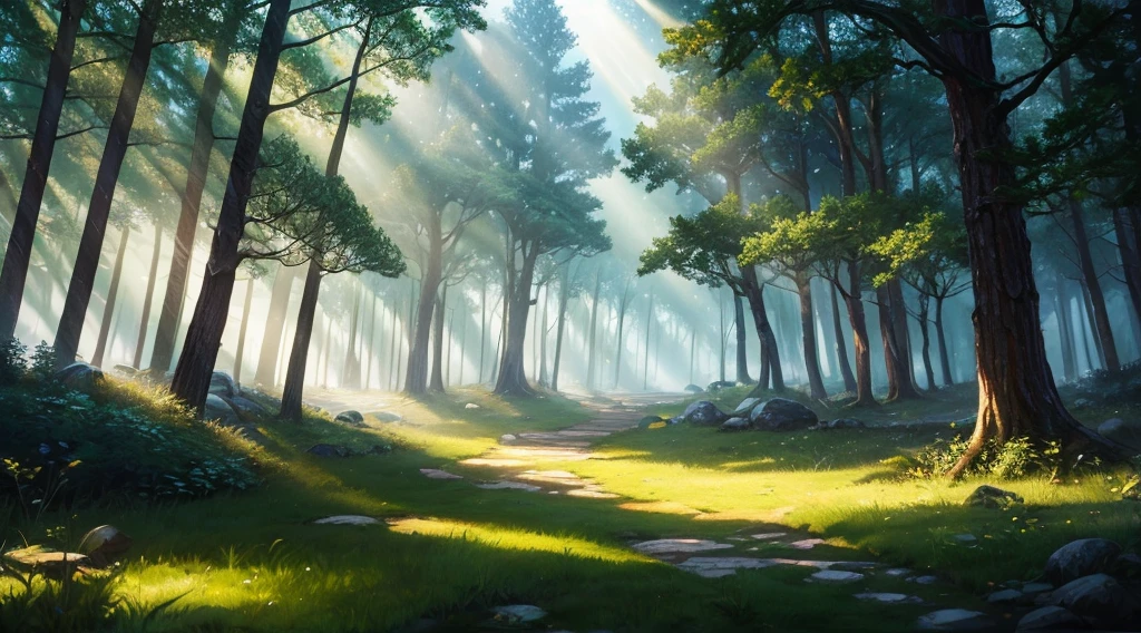 sunlight shining through the trees in a forest with a path, a digital painting inspired by Andreas Rocha, Artstation contest winner, fantasy art, fantasy forest landscape, glowing forest, magical forest, magical fantasy forest, fantasy forrest background, fantasy forest, magical forest backround, fantasy forest background, magical forest in the background, fantasy forest landscape at day, enchanted and magic forest, ((accurate shadows))