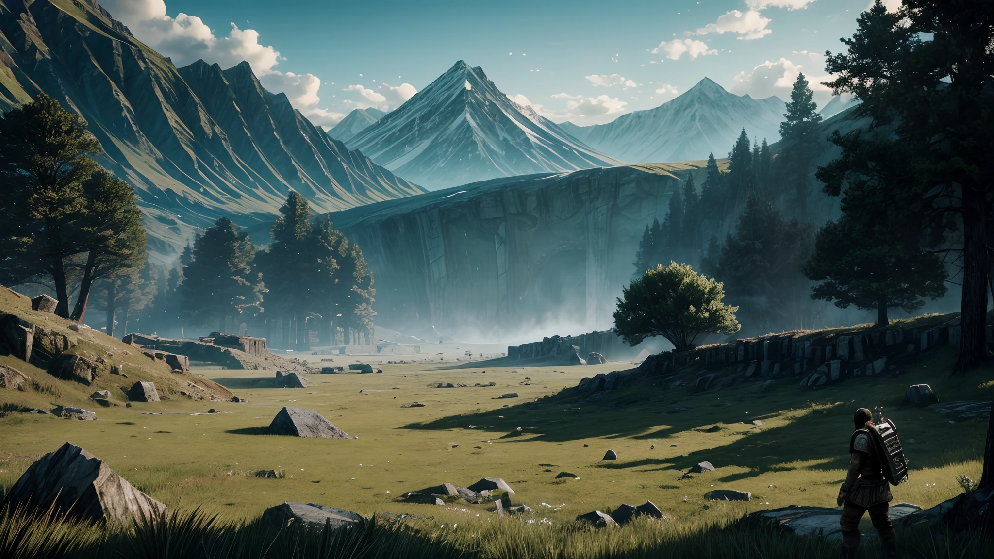surrounded by high mountains, a large empty field, place in a huge crater, without a boss, environment inspired by Shadow of the Colossus, nature, large open space, grass, trees