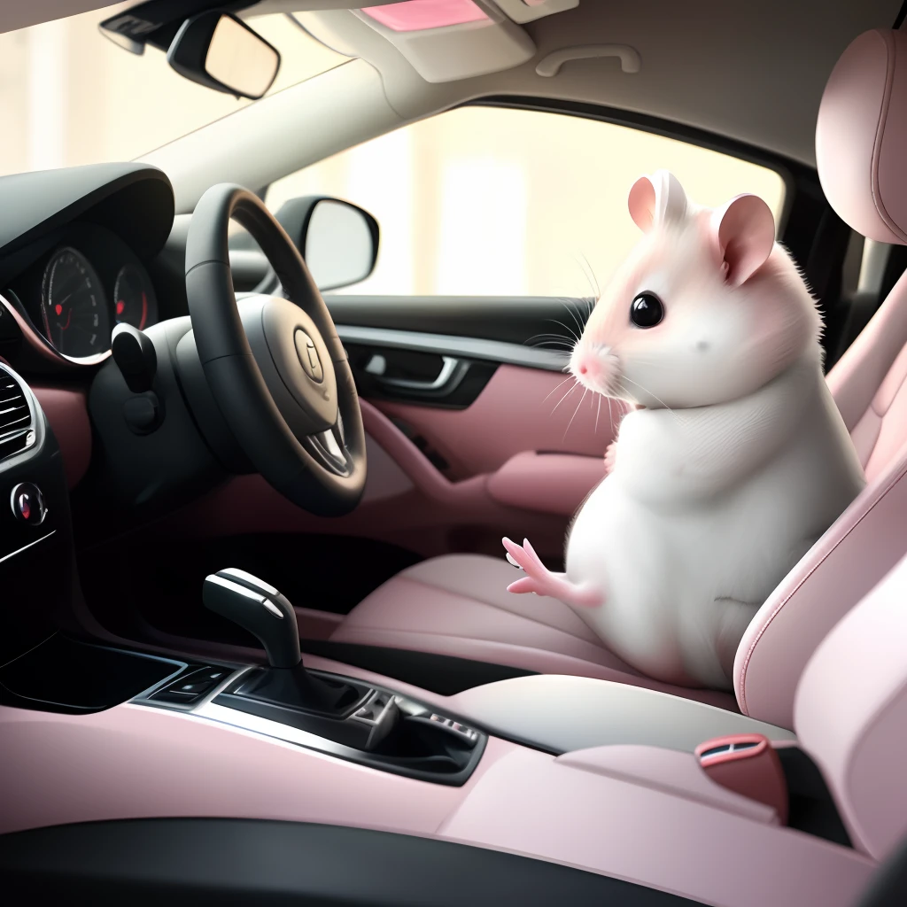 White hamster driving a pink car
