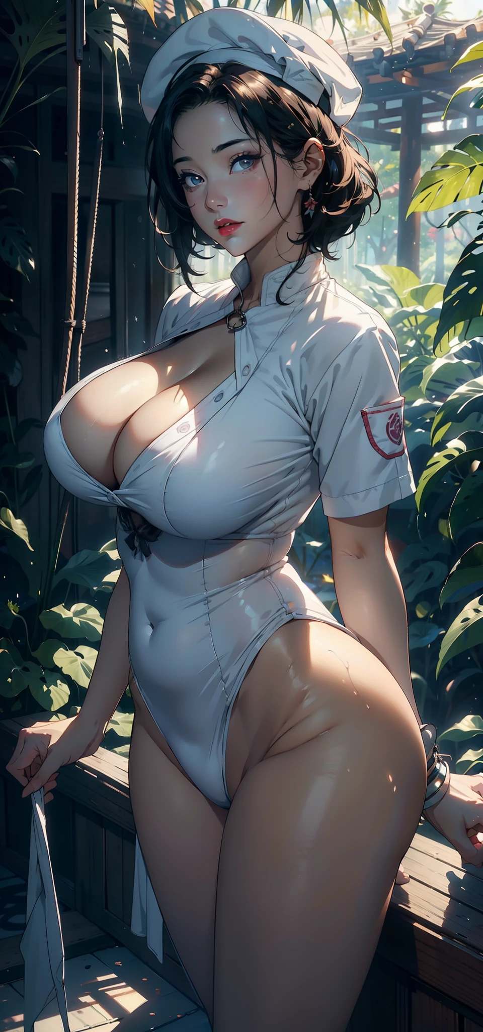 1female,45 yers old,A MILF,熟妇,mature,extremely large bosom,huge tit, A sagging breast,独奏,(Background with:hospitals,the rainforest,lotus flower,Sateen) She has short black hair,bobo head,,seen from the front, standing in forest, mostly cloudy sky,(((tmasterpiece),(Very detailed CG unity 8K wallpaper),best qualtiy,cinmatic lighting,detailed back ground,beatiful detailed eyes,Bright pupils,Black eyes,Snow-whiteskin,Redlip(Very fine and beautiful),(Beautiful and detailed eye description),ultra - detailed,tmasterpiece,))facing at camera,A high resolution,ultra - detailed),extremely large bosom,A sagging breast,revealing breasts,Bare genitalia, Bulge,legs are open,Raised sexy,Camel toes,Flushed complexion,Desire for dissatisfaction,frontage,(Wearing:Chef's suit,chef's hat)