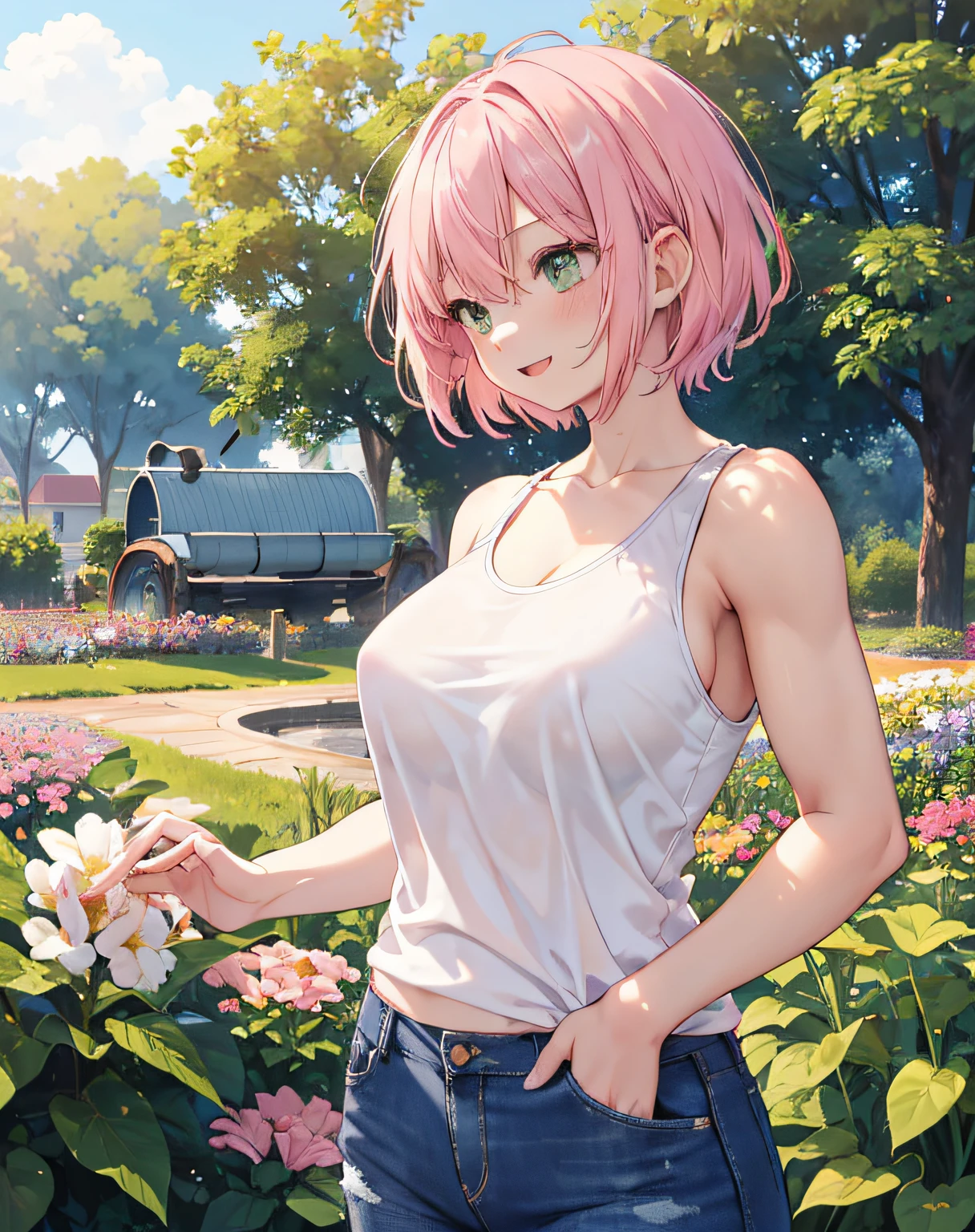 1 girl, solo, best quality, ultra detailed, (happy:1.4), pink hair, pink short hair, green eyes, cropped tank top shirt, looking away, from front, portrait, buff, muscular arms, buff arms, standing, on a farm, flower garden, warm sunlight, blue jeans, large sized chest, large sized breast, large breasts, large muscular arms, large muscles, exposed midriff