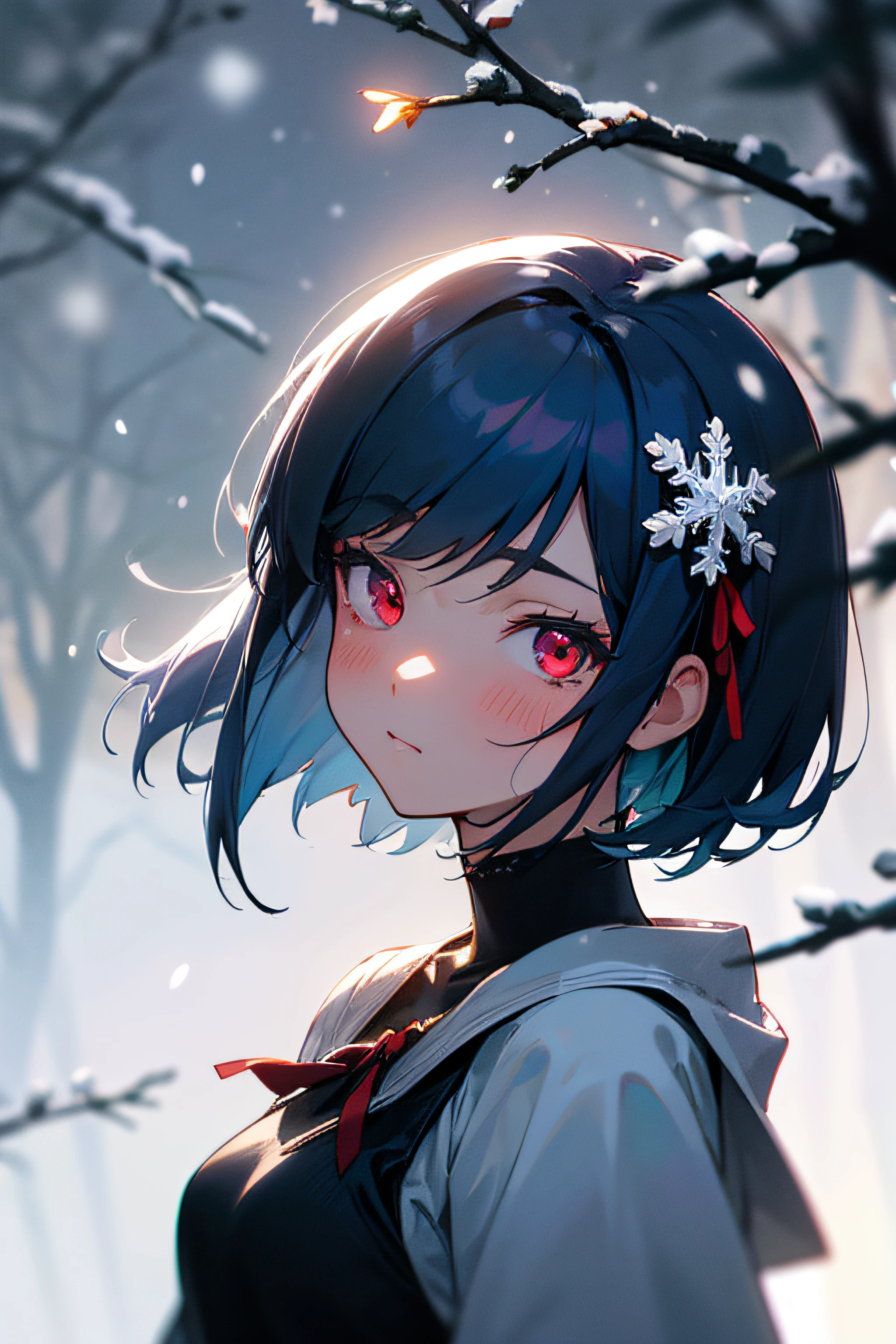 mastepiece, profesional artwork, sharp image, best quality, high quality, ultra quality, 1girl, dark blue hair, short hair, straight hair, casualwear, small breast, upper body, face focus, beautiful eyes, red eyes, glowing eyes, forest, falling leaves, snow, outdoor, depth of field, moonlight, dust, night, beautiful lighting, detailed face, detailed background, detailed picture, blush, deatiled texture, bokeh background, heart eyes, hair ribbon, hair ornament, hair decoration, decoration, detailed decoration, cool look, feminime, look away, mature, low angle camera, modern, relaxing, snowfall, snowflakes, dark night, glowing eyes,