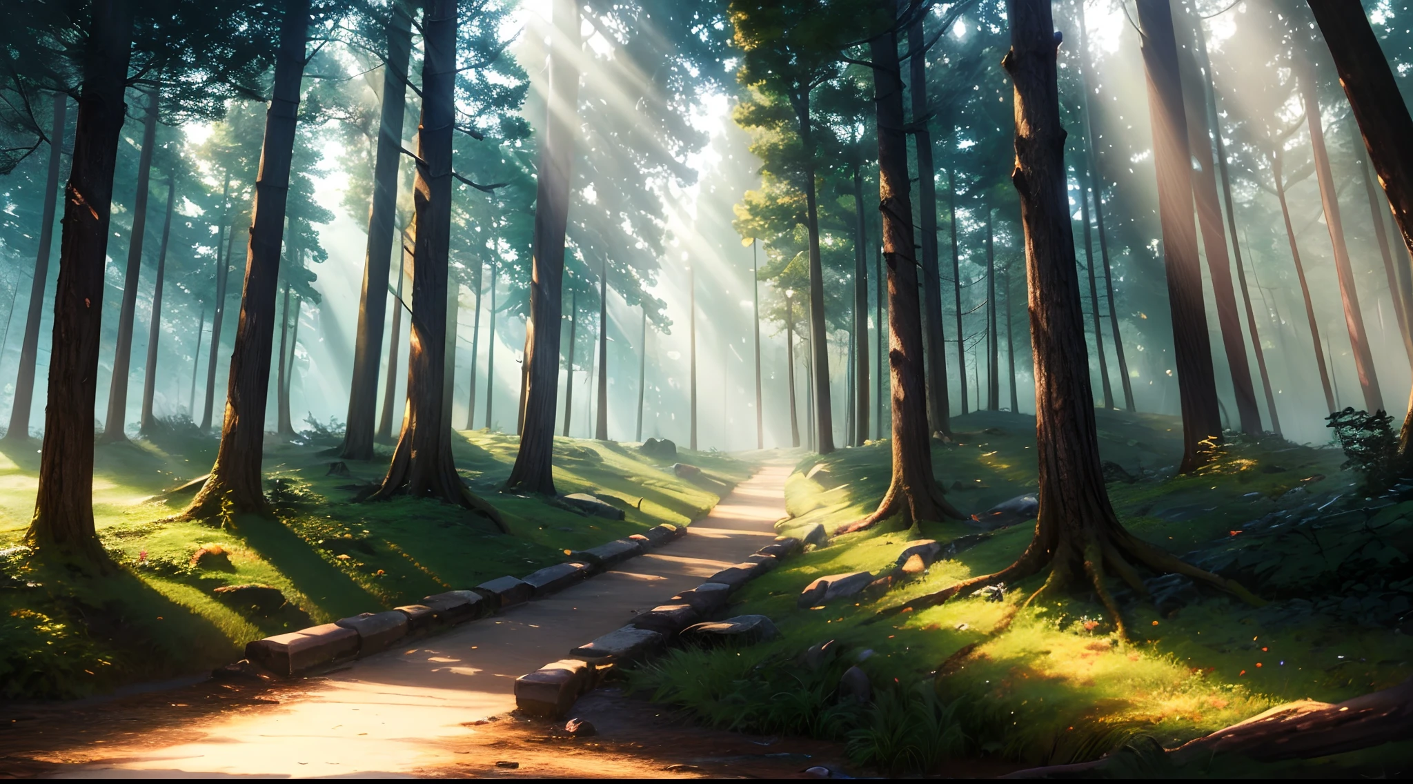 sunlight shining through the trees in a forest with a path, a digital painting inspired by Andreas Rocha, Artstation contest winner, fantasy art, fantasy forest landscape, glowing forest, magical forest, magical fantasy forest, fantasy forrest background, fantasy forest, magical forest backround, fantasy forest background, magical forest in the background, fantasy forest landscape at day, enchanted and magic forest, ((accurate shadows))