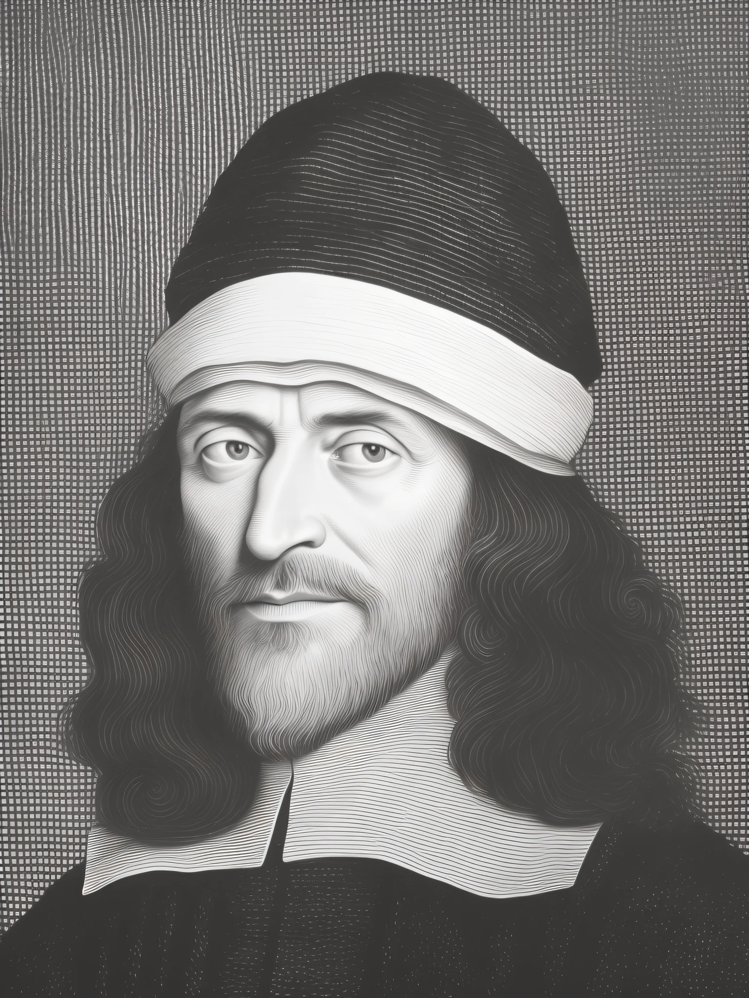 A black and white drawing of a man with beard and hat, Hieronymus Boch, inspirado em Willem Hondius, maurits cornelis, uma gravura, archwizzard in a hat, Directed by: Henrique van de Velde, Tiago Collinson, inspirado em Abraham Hondius, Briareus, Johann Tischbein